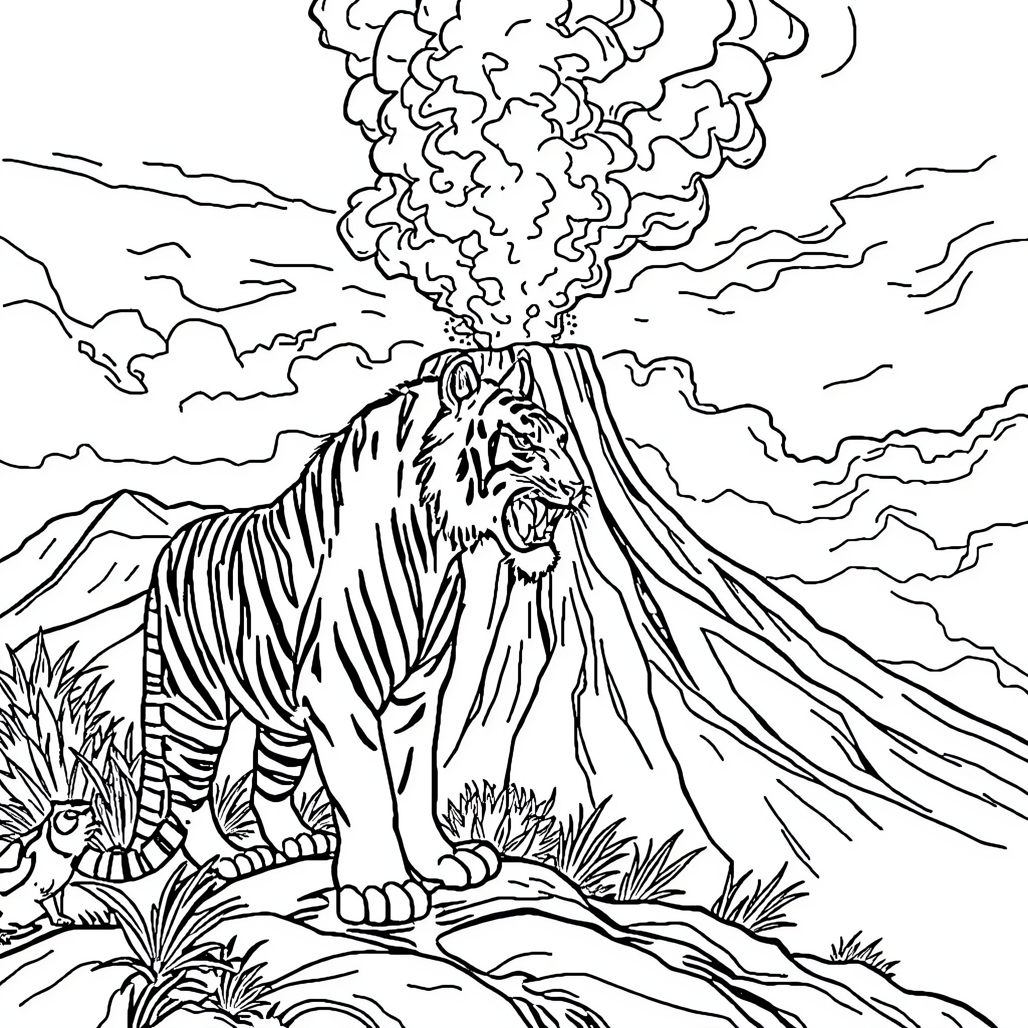 Saber Tooth Tiger amid Volcanic Eruption Coloring Page (free black-and-white line drawing printable PDF for all, from beginners to advanced learners, including children, teens, adults, and seniors)