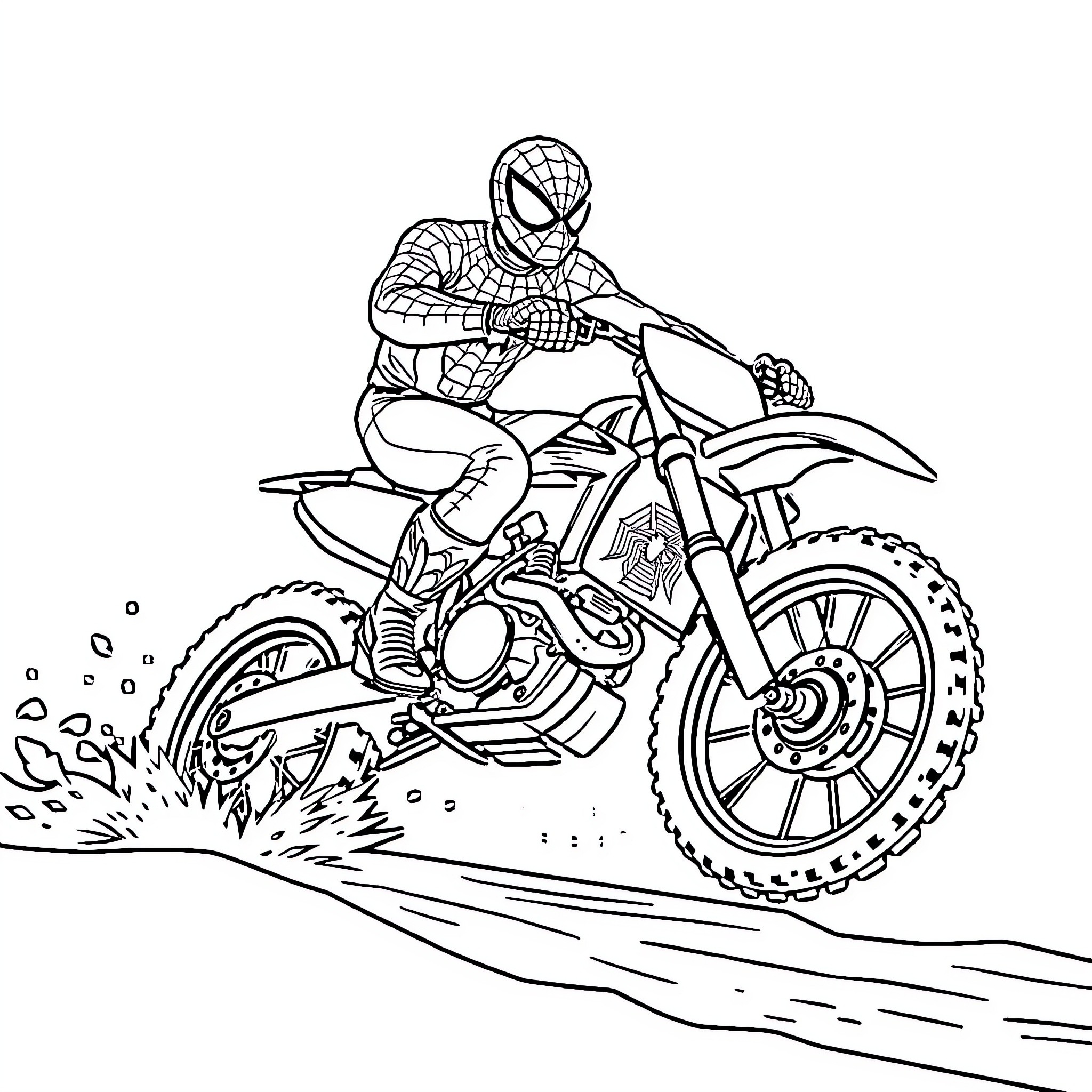 Spiderman riding an off-road motorcycle Coloring Page (free black-and-white line drawing printable PDF for all, from beginners to advanced learners, including children, teens, adults, and seniors)