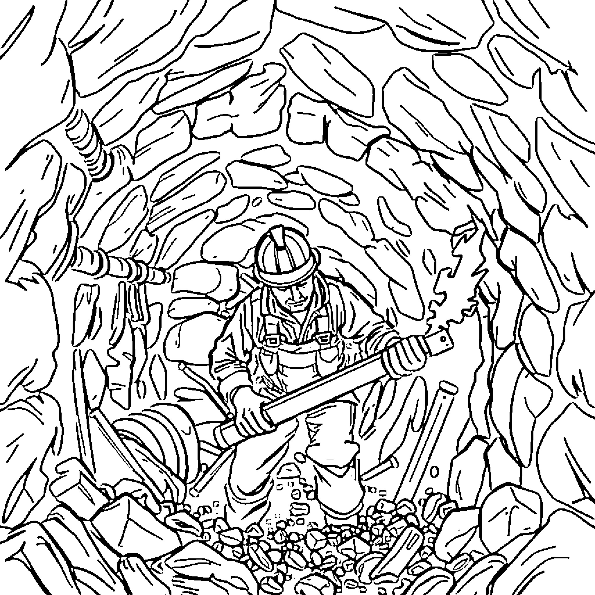 Miner exploring an underground tunnel Coloring Page (free black-and-white line drawing printable PDF for all, from beginners to advanced learners, including children, teens, adults, and seniors)