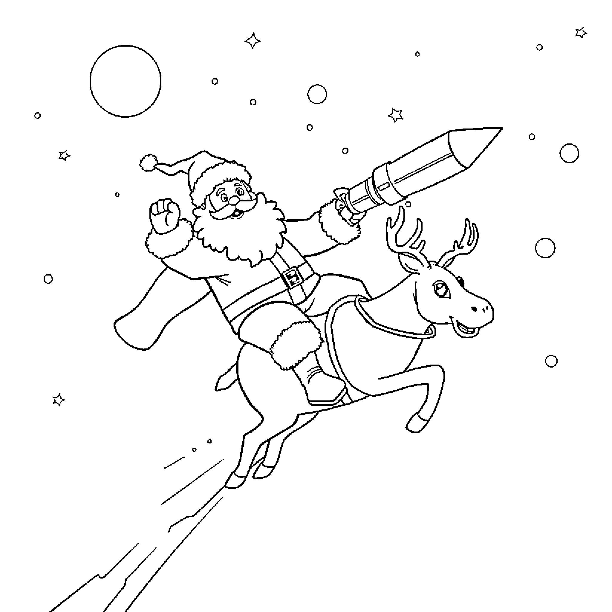 Santa riding a reindeer and holding a rocket Coloring Page (free black-and-white line drawing printable PDF for all, from beginners to advanced learners, including children, teens, adults, and seniors)