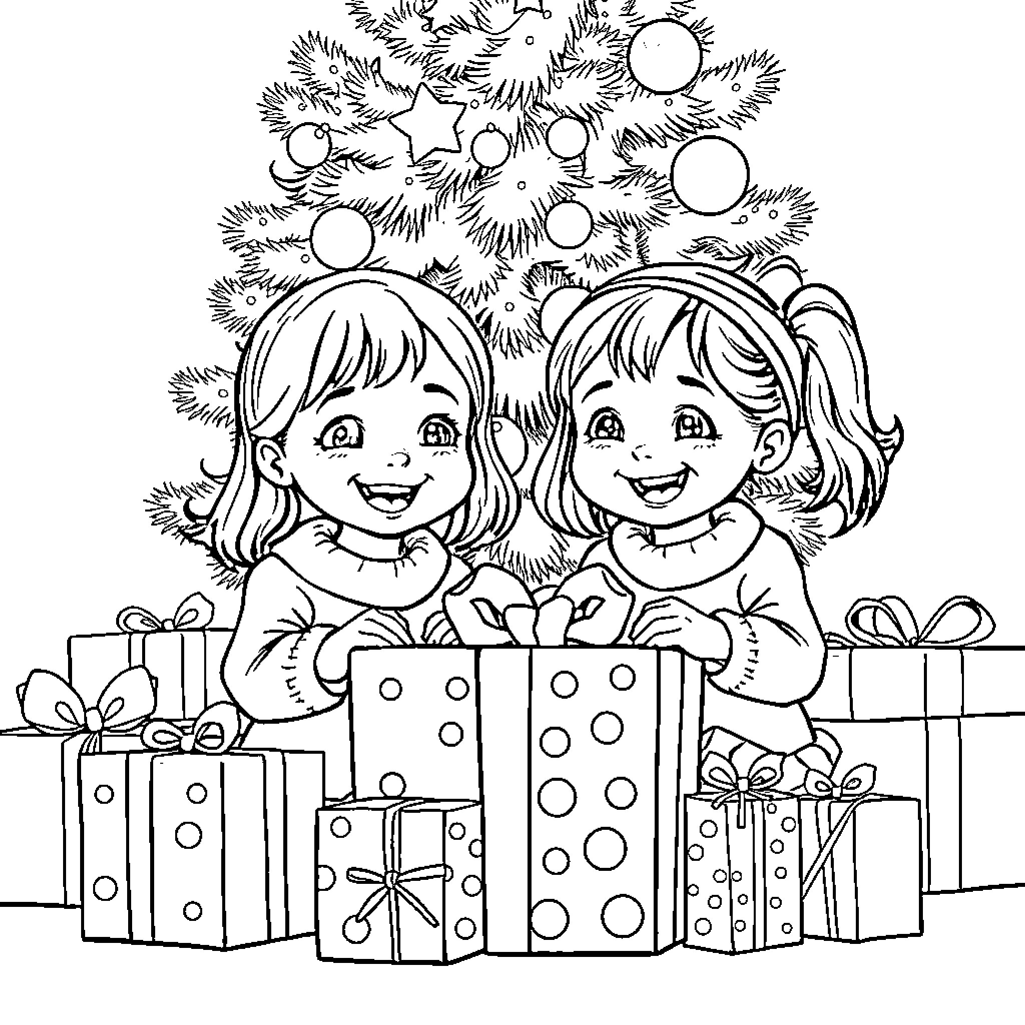 Girls Enjoying Christmas Presents Under Tree Coloring Page (free black-and-white line drawing printable PDF for all, from beginners to advanced learners, including children, teens, adults, and seniors)
