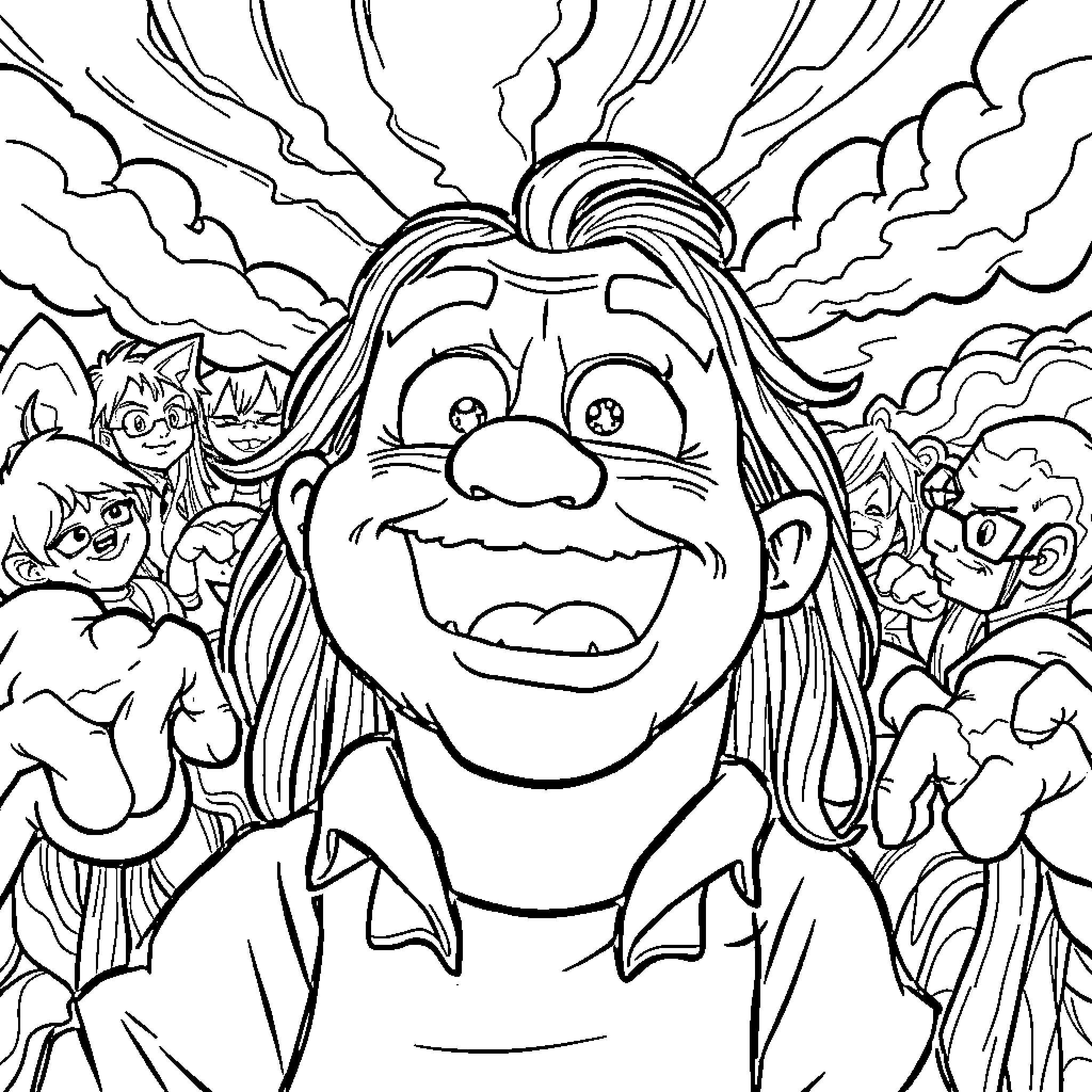 Meme of a Smiling Troll Character in a Chaotic Scene Coloring Page (free black-and-white line drawing printable PDF for all, from beginners to advanced learners, including children, teens, adults, and seniors)