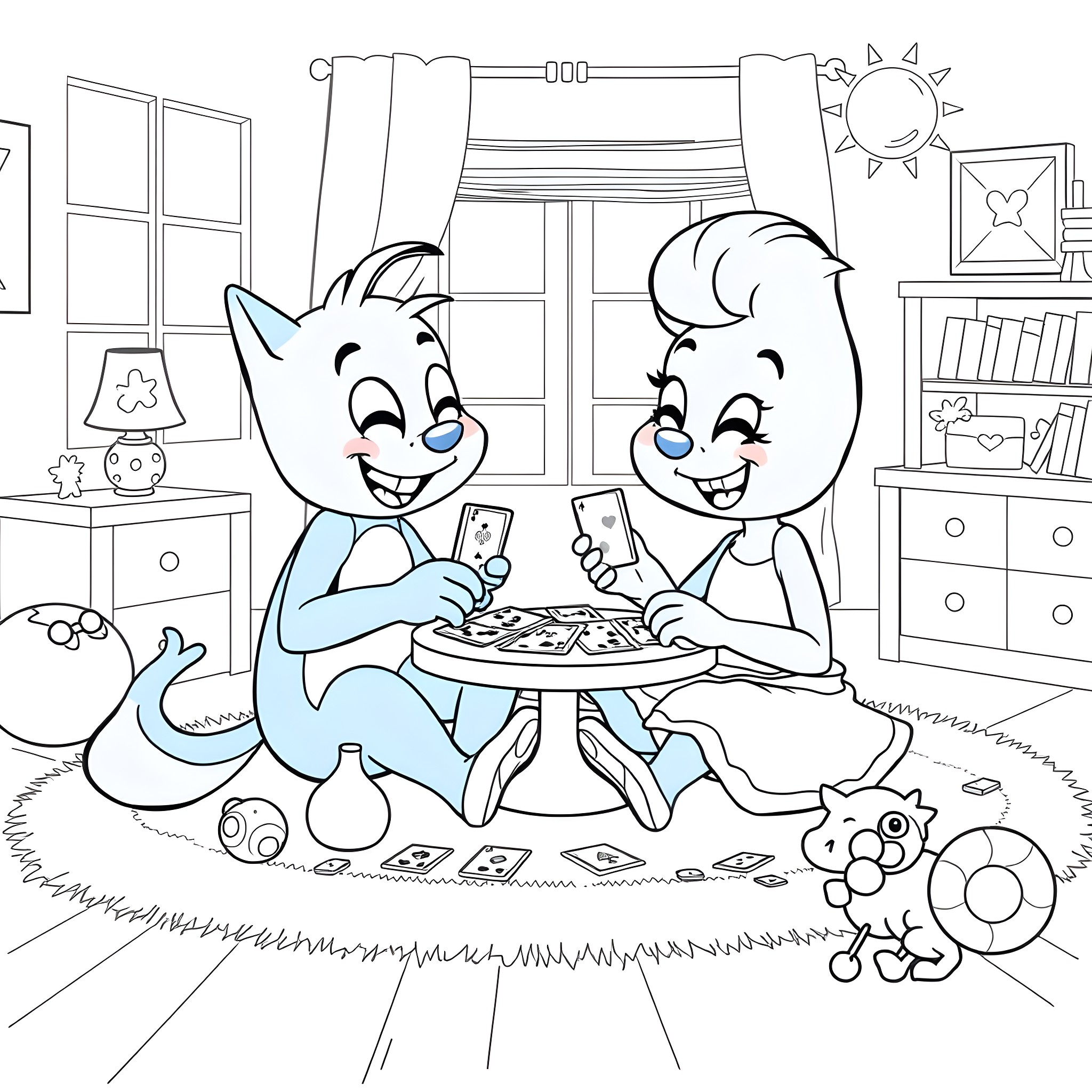 Bingo: Two happy cartoon characters playing a game together Coloring Page (free black-and-white line drawing printable PDF for all, from beginners to advanced learners, including children, teens, adults, and seniors)
