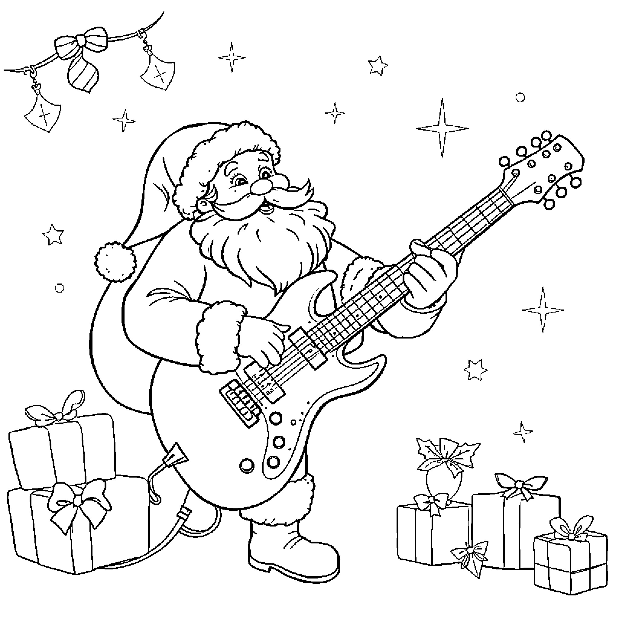 Santa playing guitar with presents Coloring Page (free black-and-white line drawing printable PDF for all, from beginners to advanced learners, including children, teens, adults, and seniors)