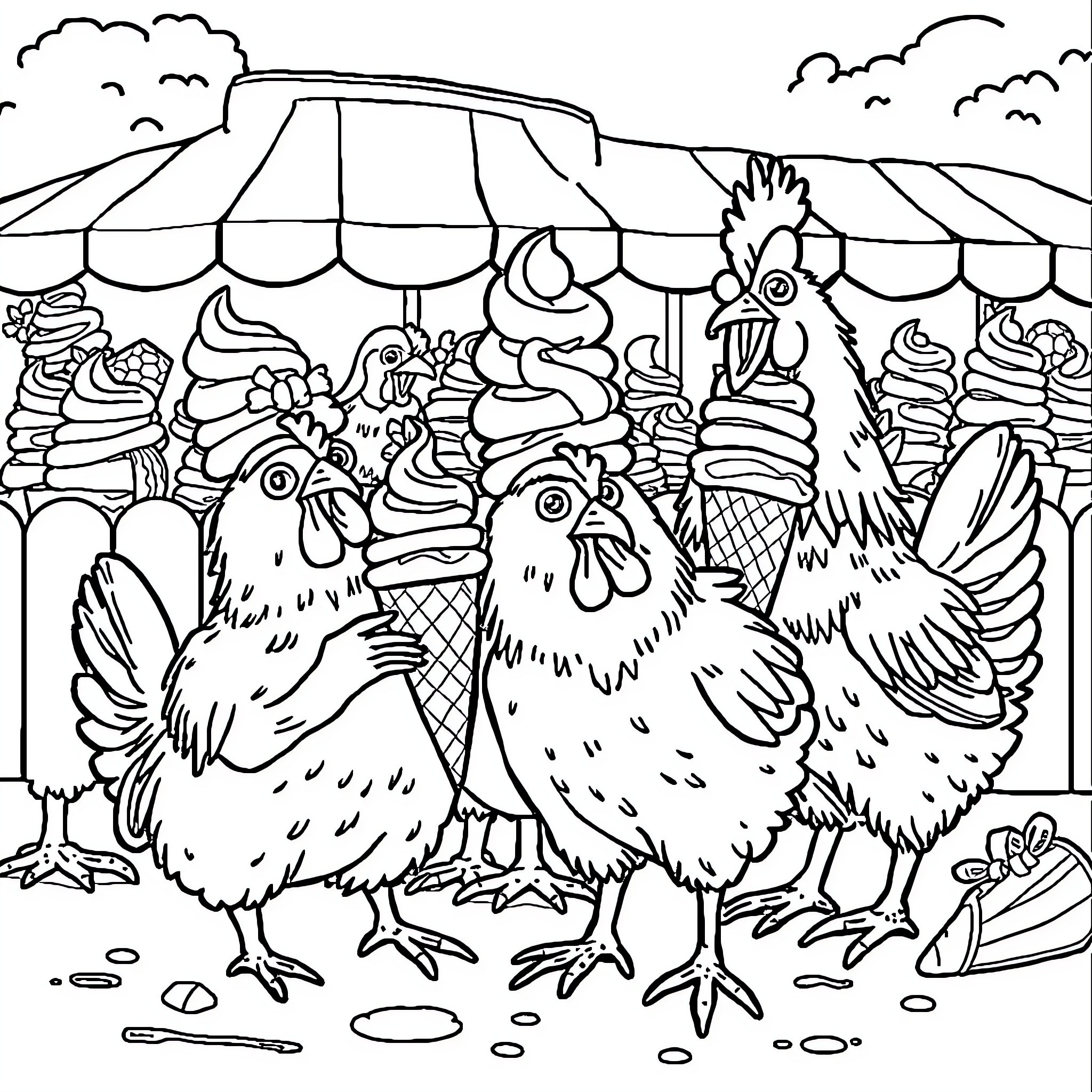 Chicken Family Exploring Carnival-like Atmosphere Coloring Page (free black-and-white line drawing printable PDF for all, from beginners to advanced learners, including children, teens, adults, and seniors)