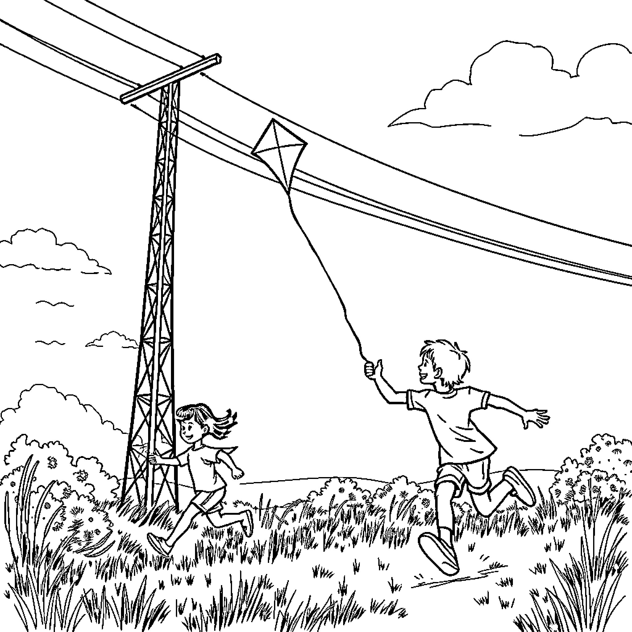 Kid Flying Kite in Outdoor Field Coloring Page (free black-and-white line drawing printable PDF for all, from beginners to advanced learners, including children, teens, adults, and seniors)