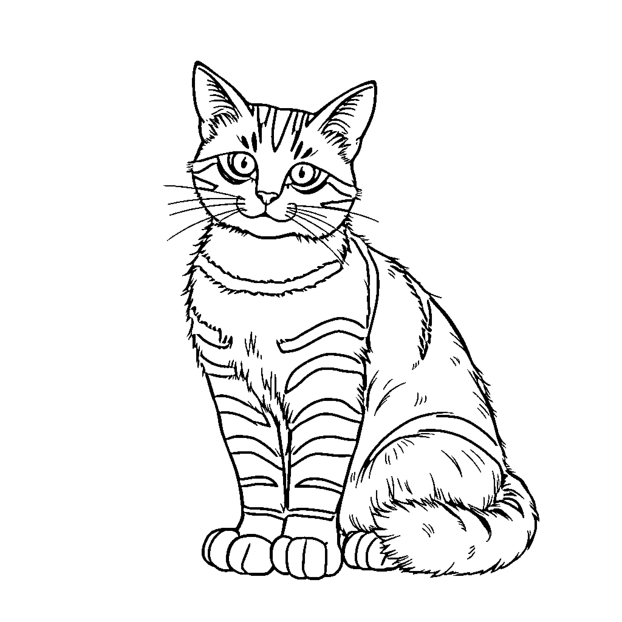 Cat Sitting Calmly Coloring Page (free black-and-white line drawing printable PDF for all, from beginners to advanced learners, including children, teens, adults, and seniors)