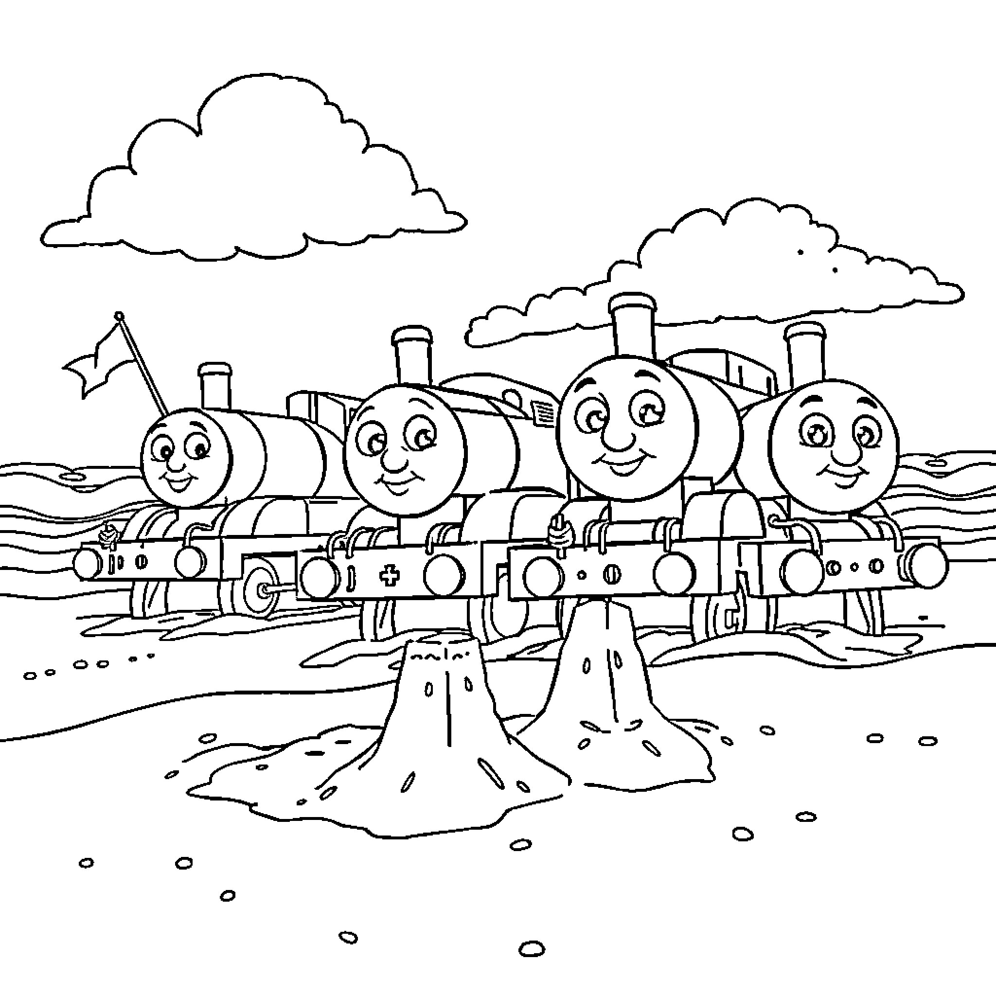Thomas and Friends Enjoy a Cheerful Outing by the Tracks Coloring Page (free black-and-white line drawing printable PDF for all, from beginners to advanced learners, including children, teens, adults, and seniors)