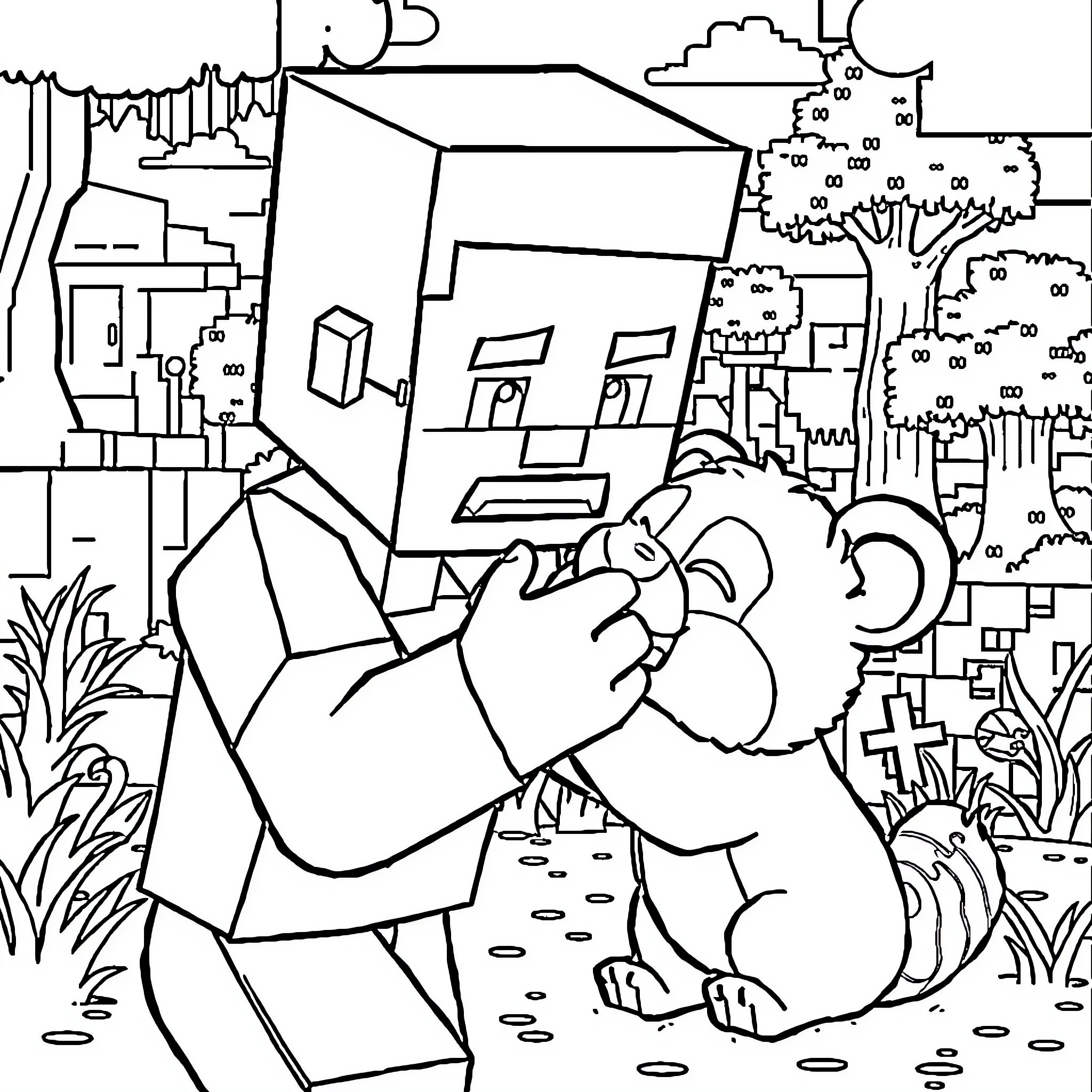 Steve explores the vibrant city with his curious companion Coloring Page (free black-and-white line drawing printable PDF for all, from beginners to advanced learners, including children, teens, adults, and seniors)