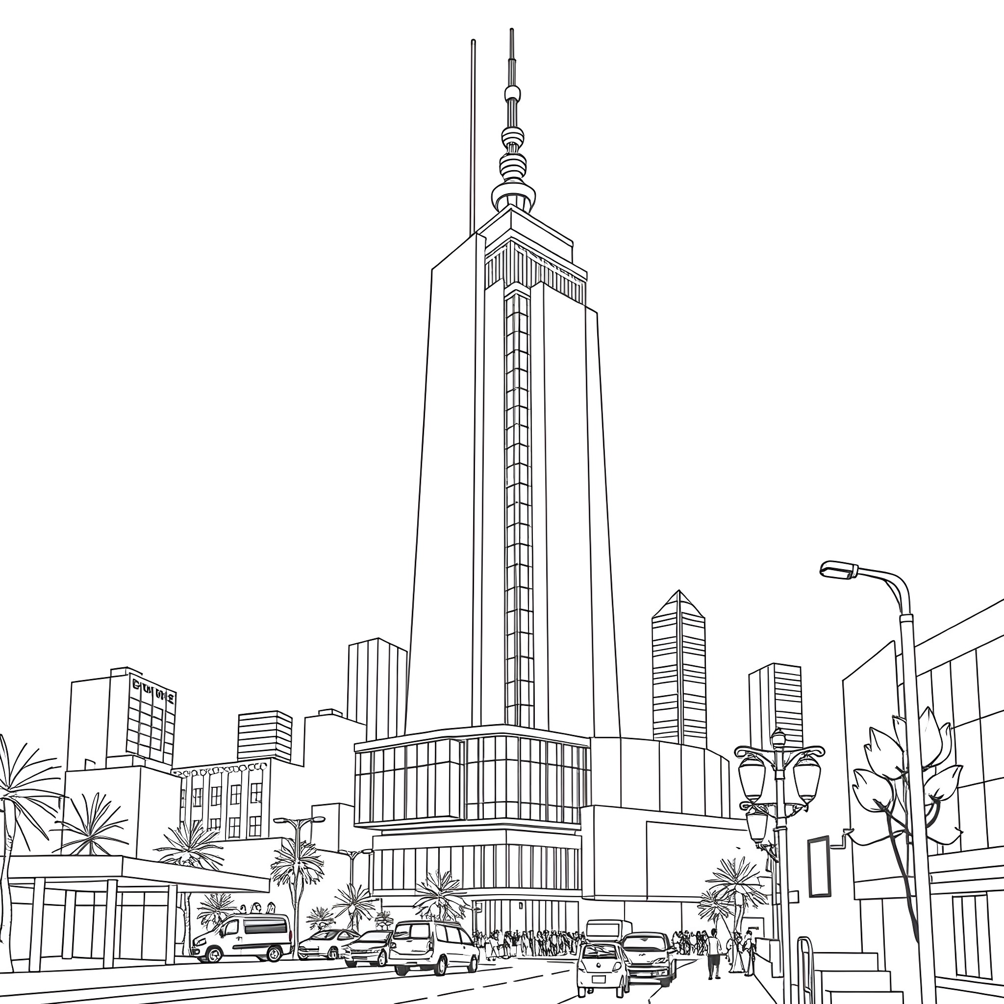 Tower of a modern city skyline Coloring Page (free black-and-white line drawing printable PDF for all, from beginners to advanced learners, including children, teens, adults, and seniors)