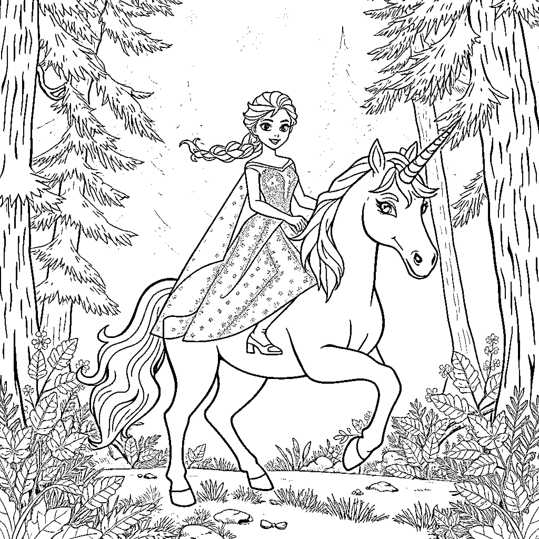Elsa riding a magical unicorn through enchanted forest Coloring Page (free black-and-white line drawing printable PDF for all, from beginners to advanced learners, including children, teens, adults, and seniors)
