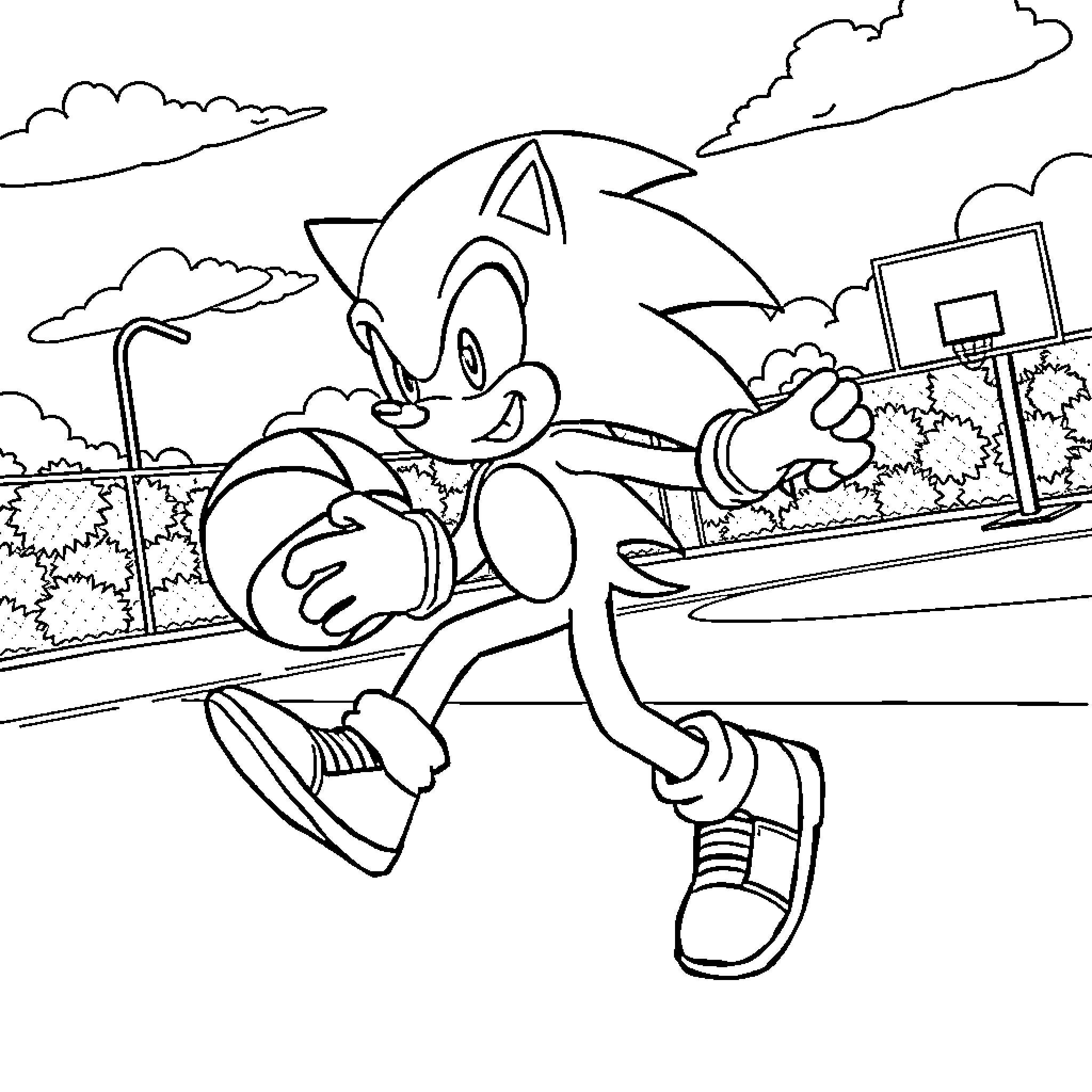 Sonic running excitedly on the basketball court Coloring Page (free black-and-white line drawing printable PDF for all, from beginners to advanced learners, including children, teens, adults, and seniors)