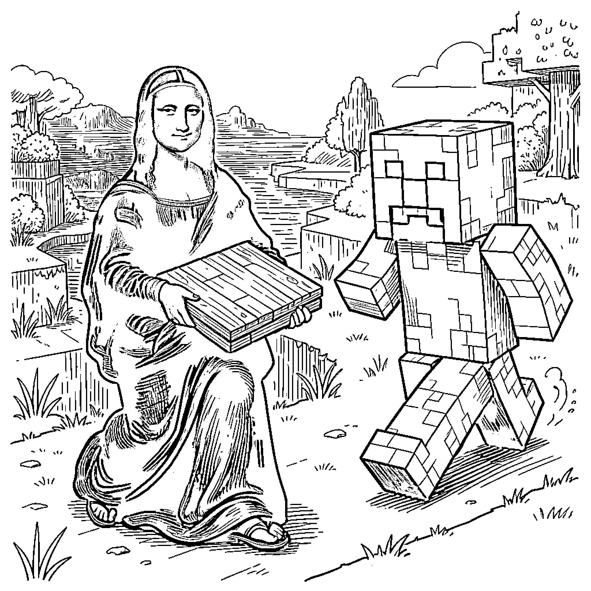 Monaliza holding a wooden box near a pixel character Coloring Page (free black-and-white line drawing printable PDF for all, from beginners to advanced learners, including children, teens, adults, and seniors)