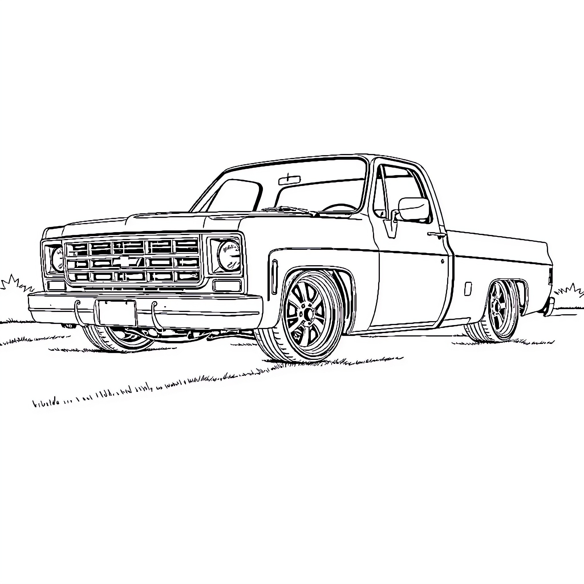 Chevy Truck in Outdoor Scene Coloring Page (free black-and-white line drawing printable PDF for all, from beginners to advanced learners, including children, teens, adults, and seniors)