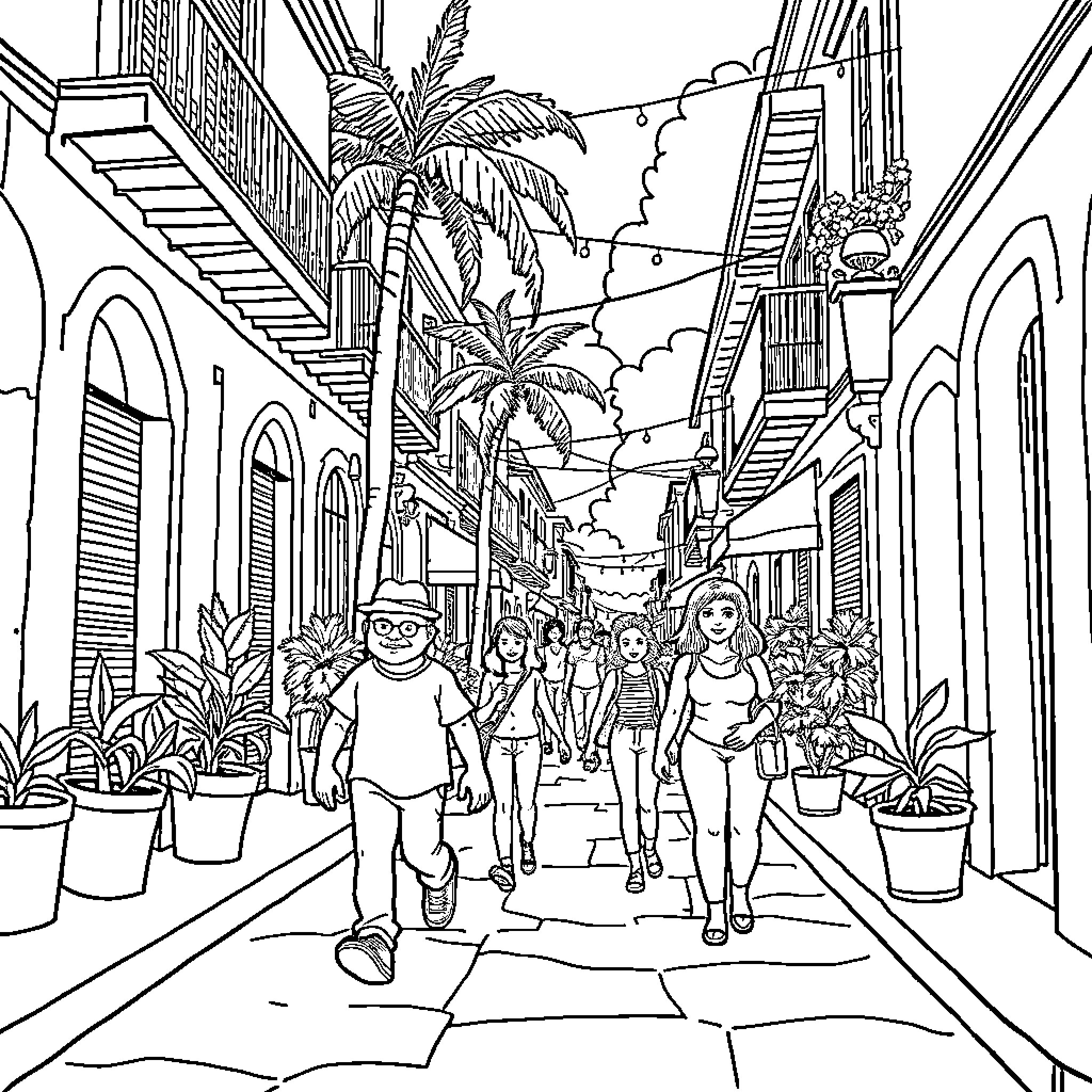 Character Exploring Vibrant City Street Coloring Page (free black-and-white line drawing printable PDF for all, from beginners to advanced learners, including children, teens, adults, and seniors)