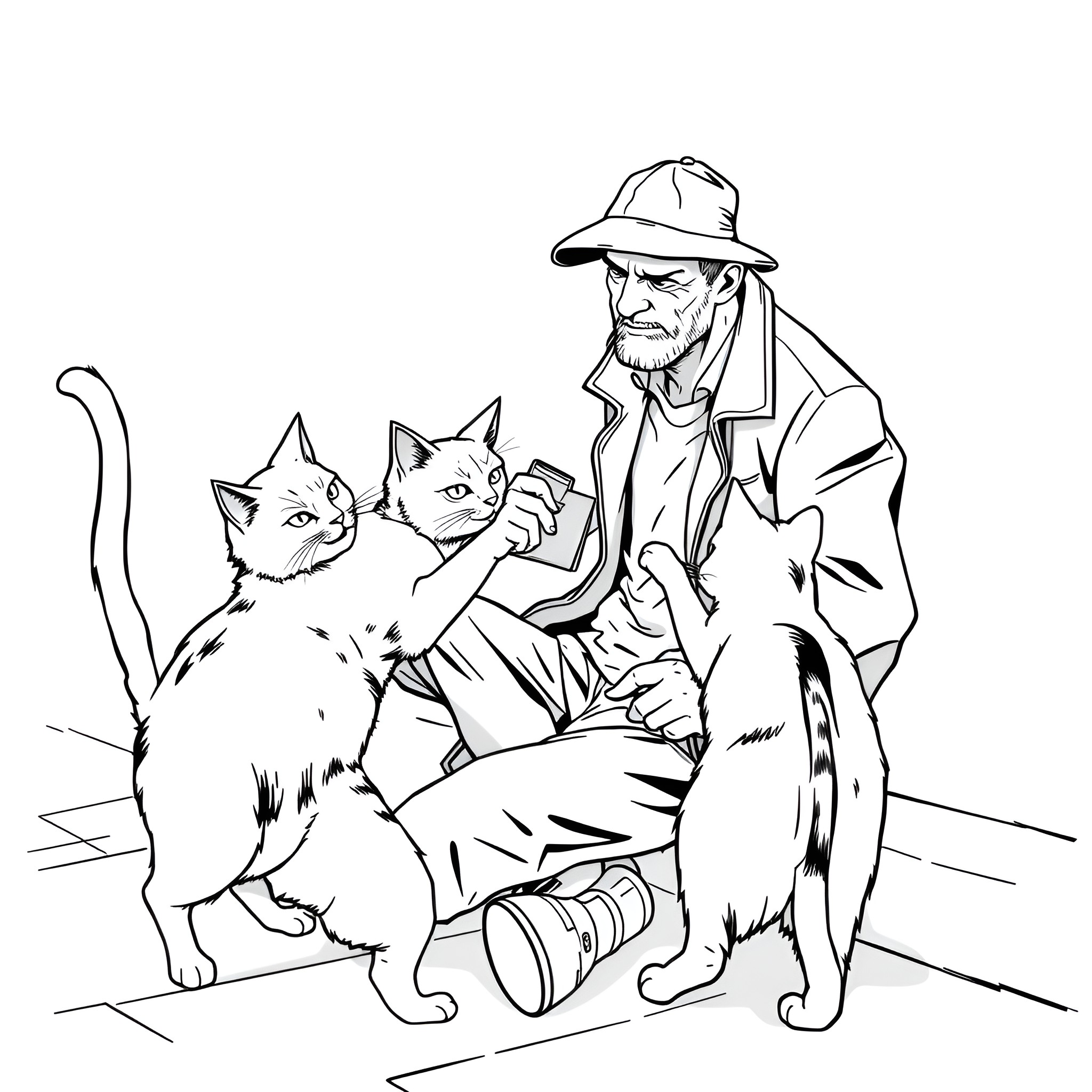 Cat comforting elderly man in his home Coloring Page (free black-and-white line drawing printable PDF for all, from beginners to advanced learners, including children, teens, adults, and seniors)