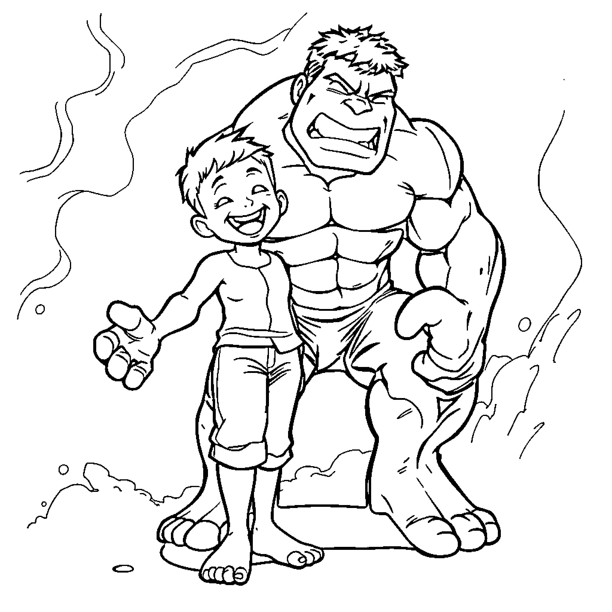 Hulk lifting a happy young boy Coloring Page (free black-and-white line drawing printable PDF for all, from beginners to advanced learners, including children, teens, adults, and seniors)