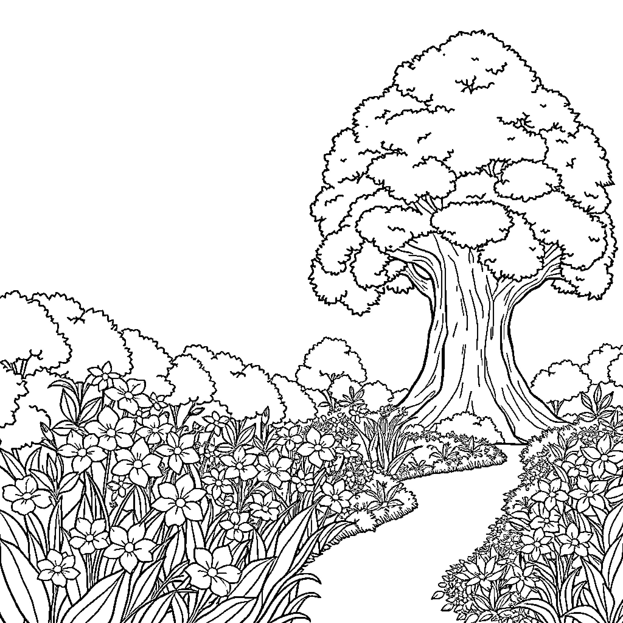 Garden of Serene Floral Landscape Coloring Page (free black-and-white line drawing printable PDF for all, from beginners to advanced learners, including children, teens, adults, and seniors)