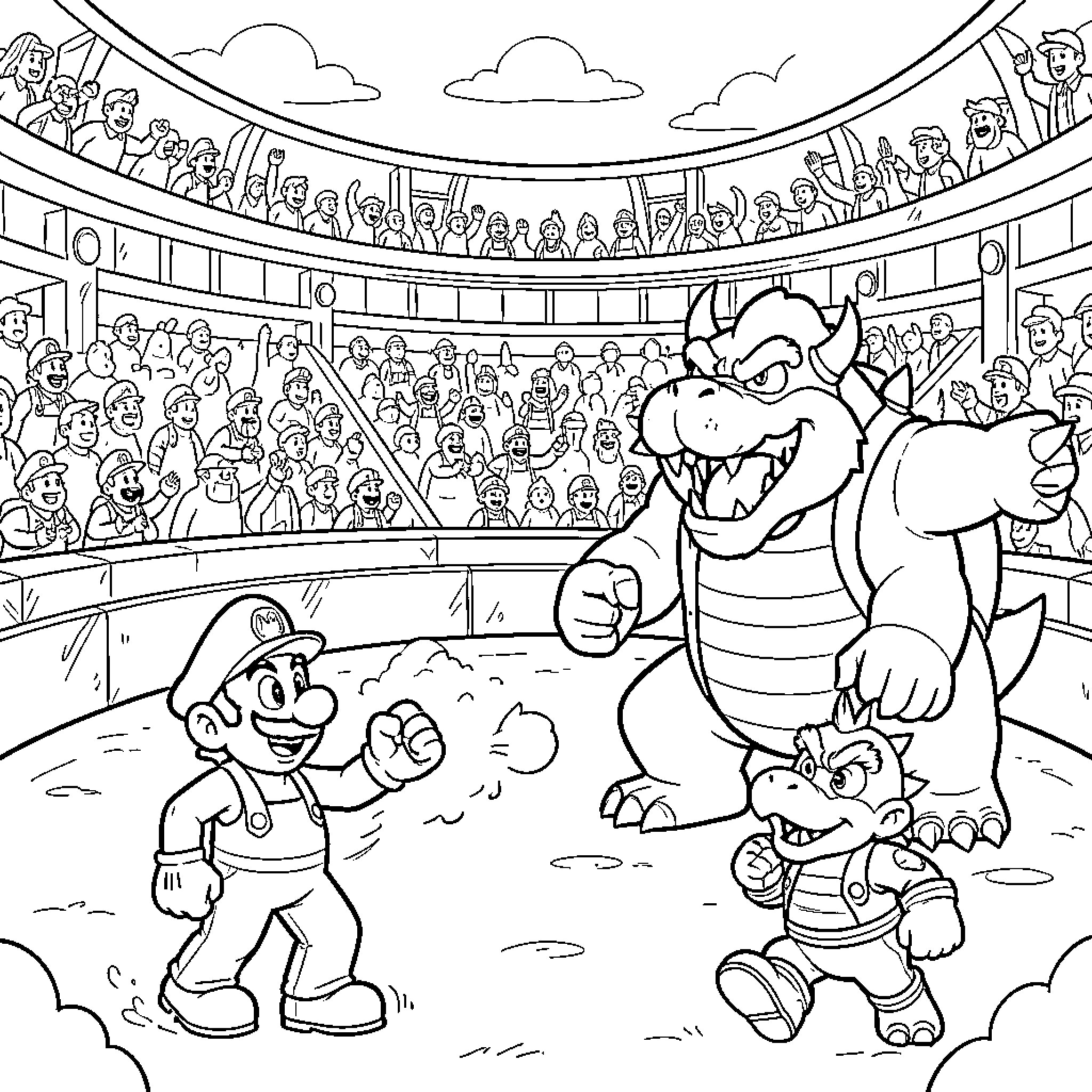 Mario facing off against Bowser in a stadium Coloring Page (free black-and-white line drawing printable PDF for all, from beginners to advanced learners, including children, teens, adults, and seniors)