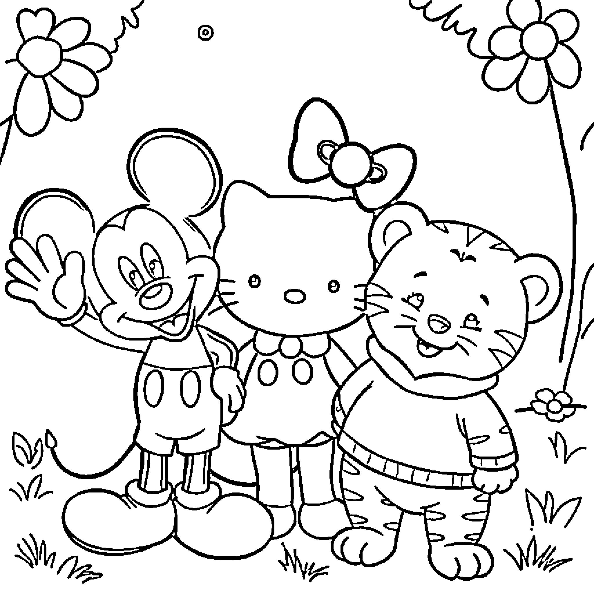 Mickey Mouse, Hello Kitty, and Tiger Cub's Colorful Outing Coloring Page (free black-and-white line drawing printable PDF for all, from beginners to advanced learners, including children, teens, adults, and seniors)