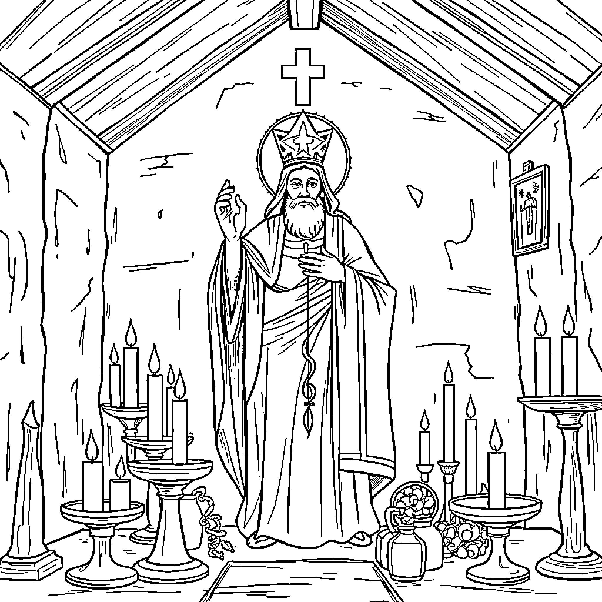 San Blas religious figure in ornate attire Coloring Page (free black-and-white line drawing printable PDF for all, from beginners to advanced learners, including children, teens, adults, and seniors)