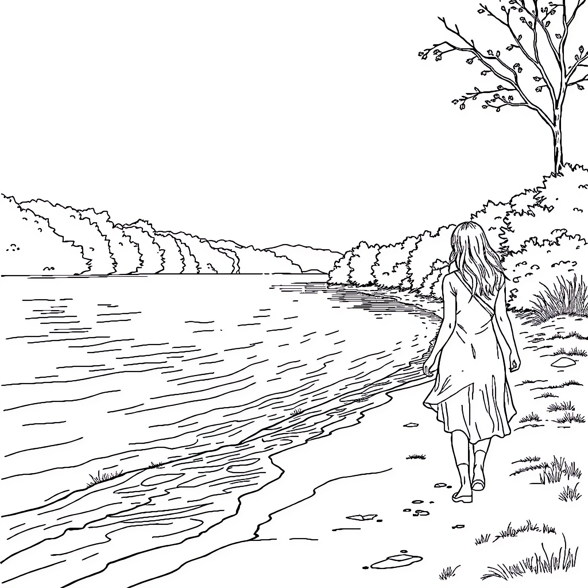 Woman walking alone on a peaceful beach Coloring Page (free black-and-white line drawing printable PDF for all, from beginners to advanced learners, including children, teens, adults, and seniors)