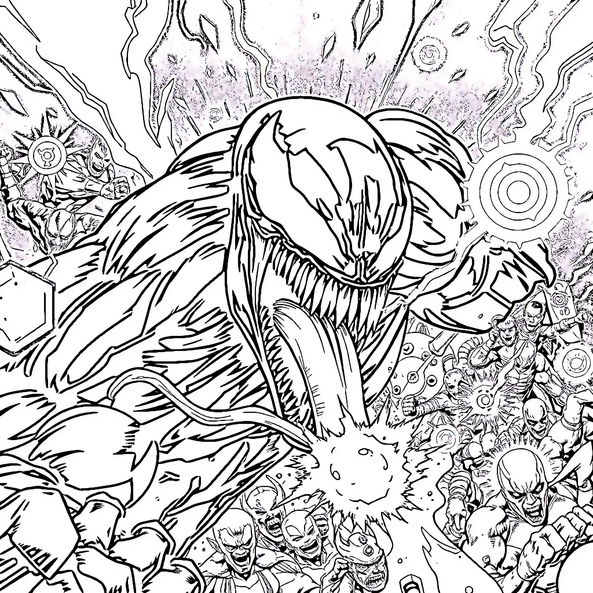 Venom Unleashing Chaos in the Cosmos Coloring Page (free black-and-white line drawing printable PDF for all, from beginners to advanced learners, including children, teens, adults, and seniors)