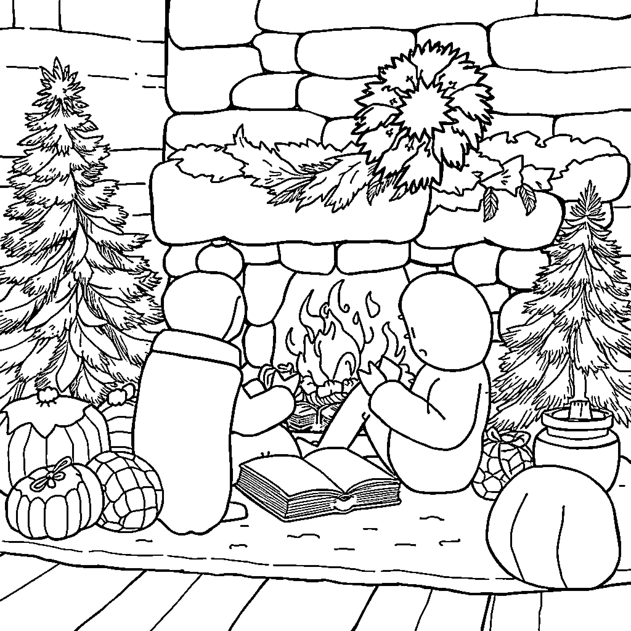 Book characters enjoying cozy fireplace scene Coloring Page (free black-and-white line drawing printable PDF for all, from beginners to advanced learners, including children, teens, adults, and seniors)