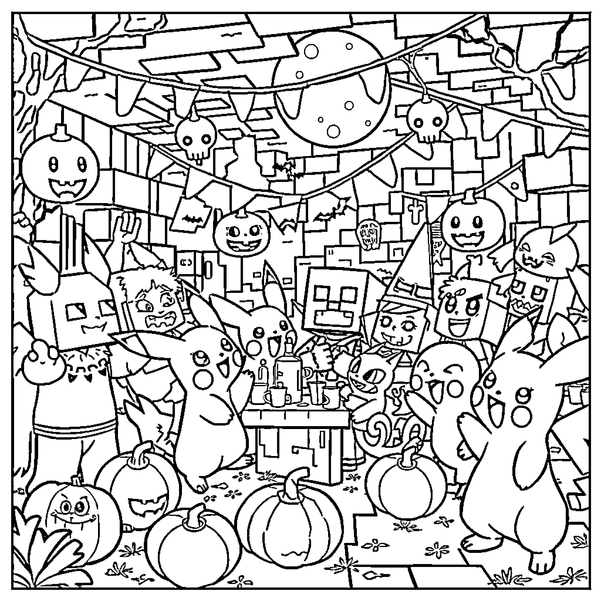 Pokémon Halloween Celebration with Decorated Scenes Coloring Page (free black-and-white line drawing printable PDF for all, from beginners to advanced learners, including children, teens, adults, and seniors)