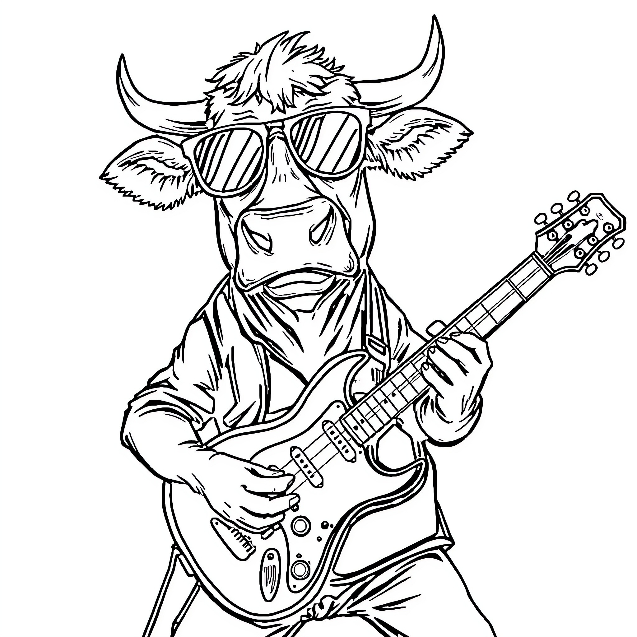Cow playing electric guitar in sunglasses Coloring Page (free black-and-white line drawing printable PDF for all, from beginners to advanced learners, including children, teens, adults, and seniors)