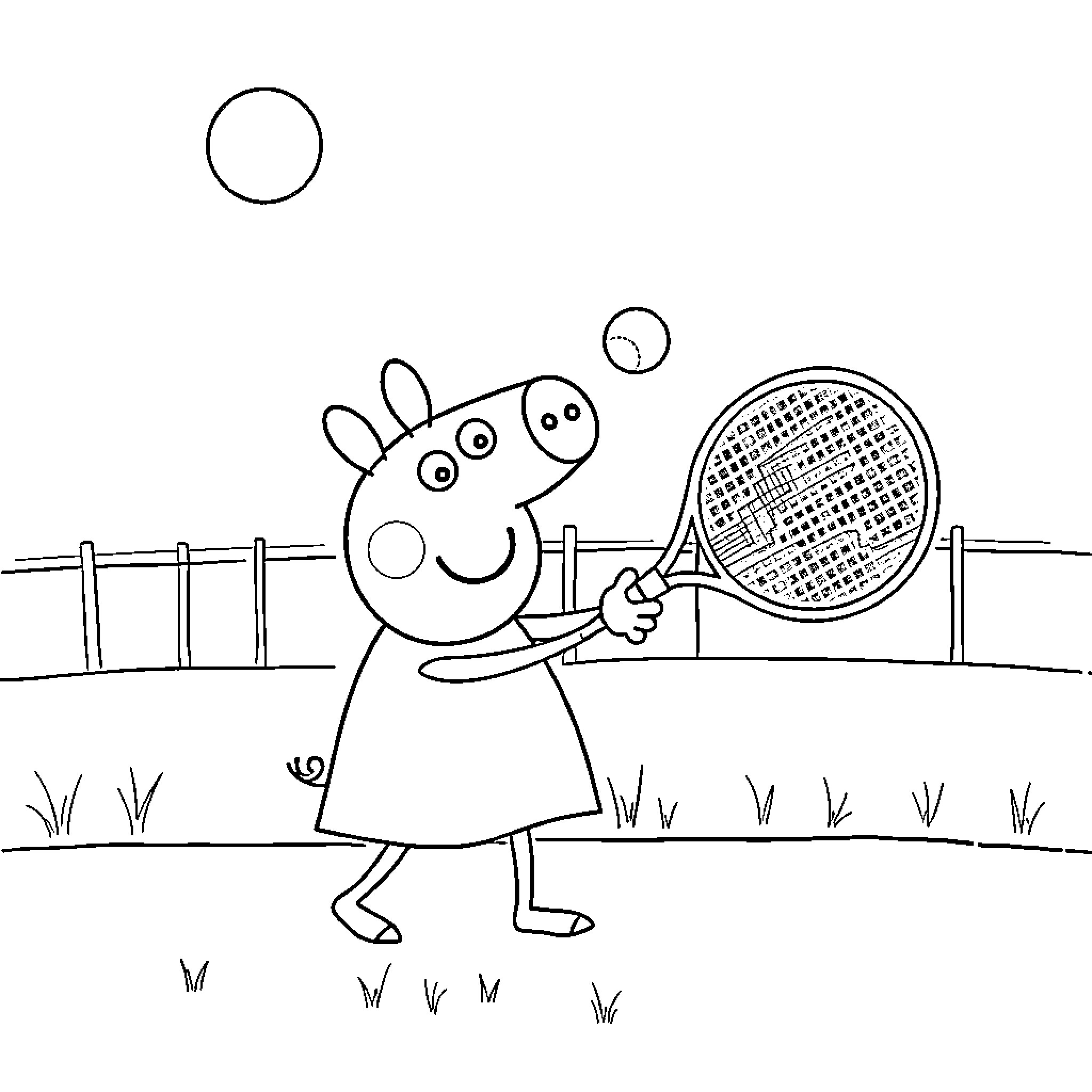 Peppa Pig playing tennis in the park Coloring Page (free black-and-white line drawing printable PDF for all, from beginners to advanced learners, including children, teens, adults, and seniors)