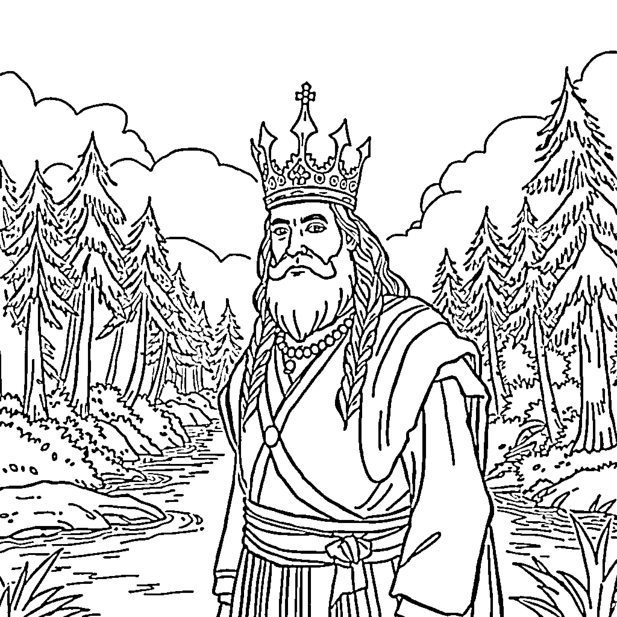 John Smith the Wise King in the Forest Coloring Page (free black-and-white line drawing printable PDF for all, from beginners to advanced learners, including children, teens, adults, and seniors)