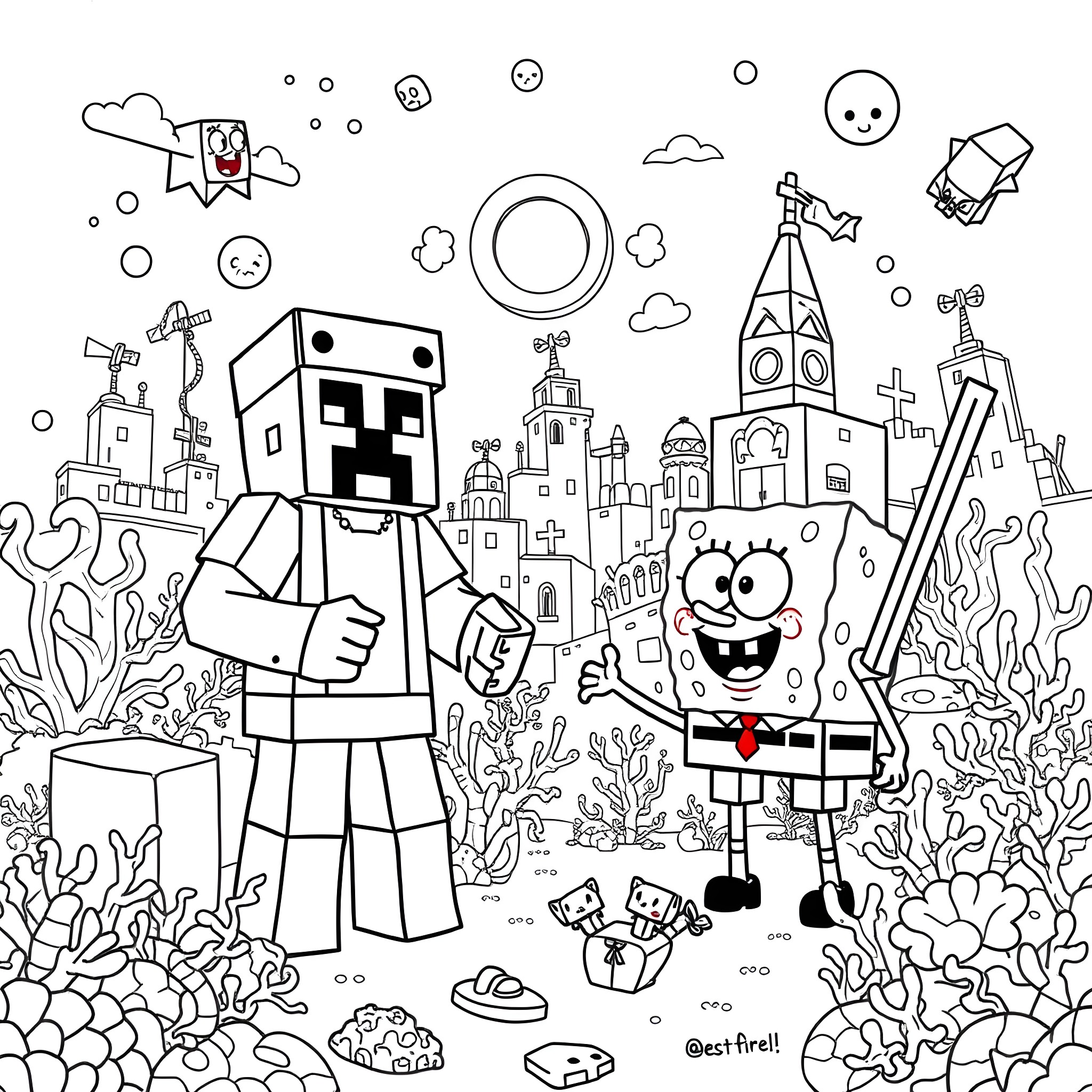 Minecraft characters exploring an underwater world Coloring Page (free black-and-white line drawing printable PDF for all, from beginners to advanced learners, including children, teens, adults, and seniors)