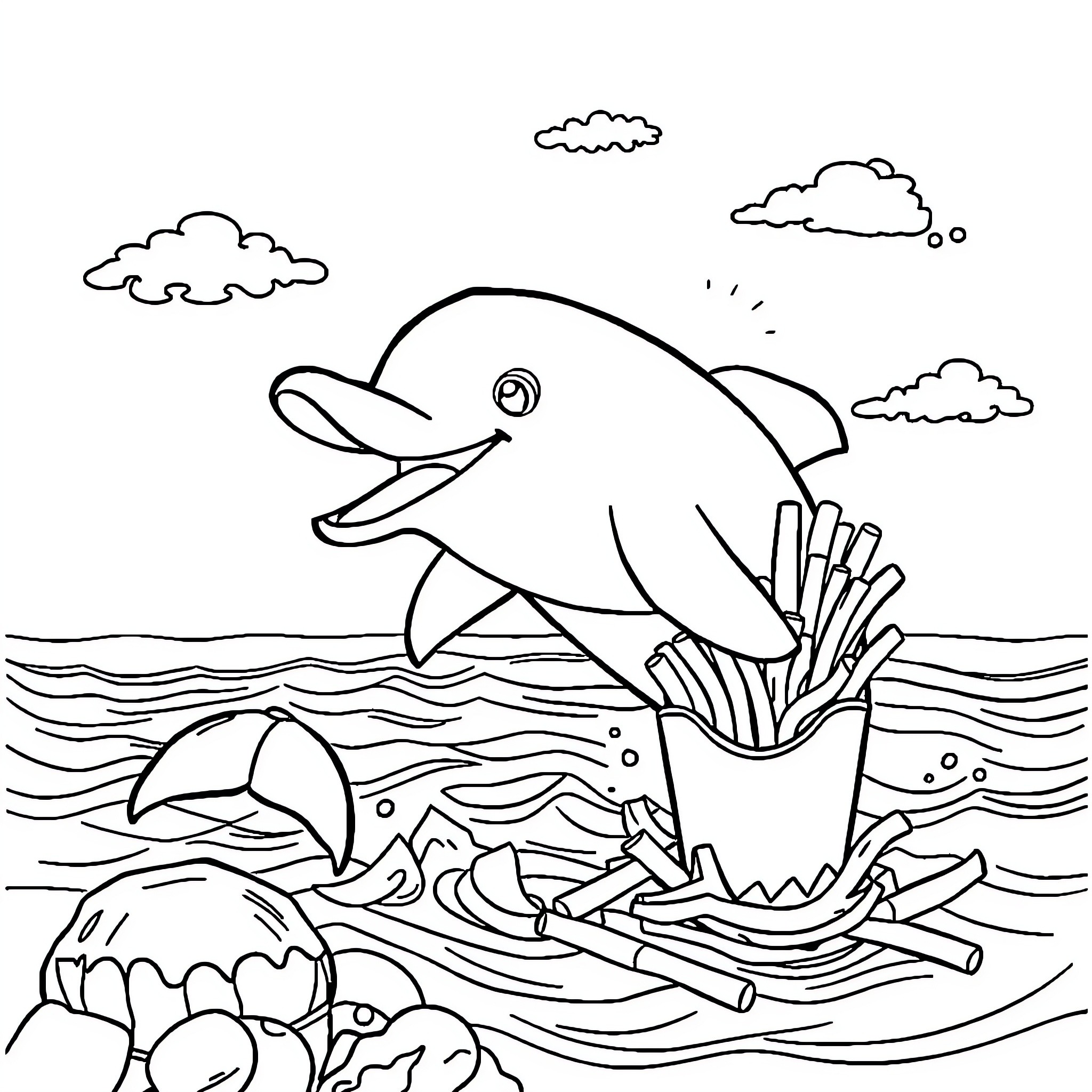 Dolphin feeding on marine life in the ocean Coloring Page (free black-and-white line drawing printable PDF for all, from beginners to advanced learners, including children, teens, adults, and seniors)