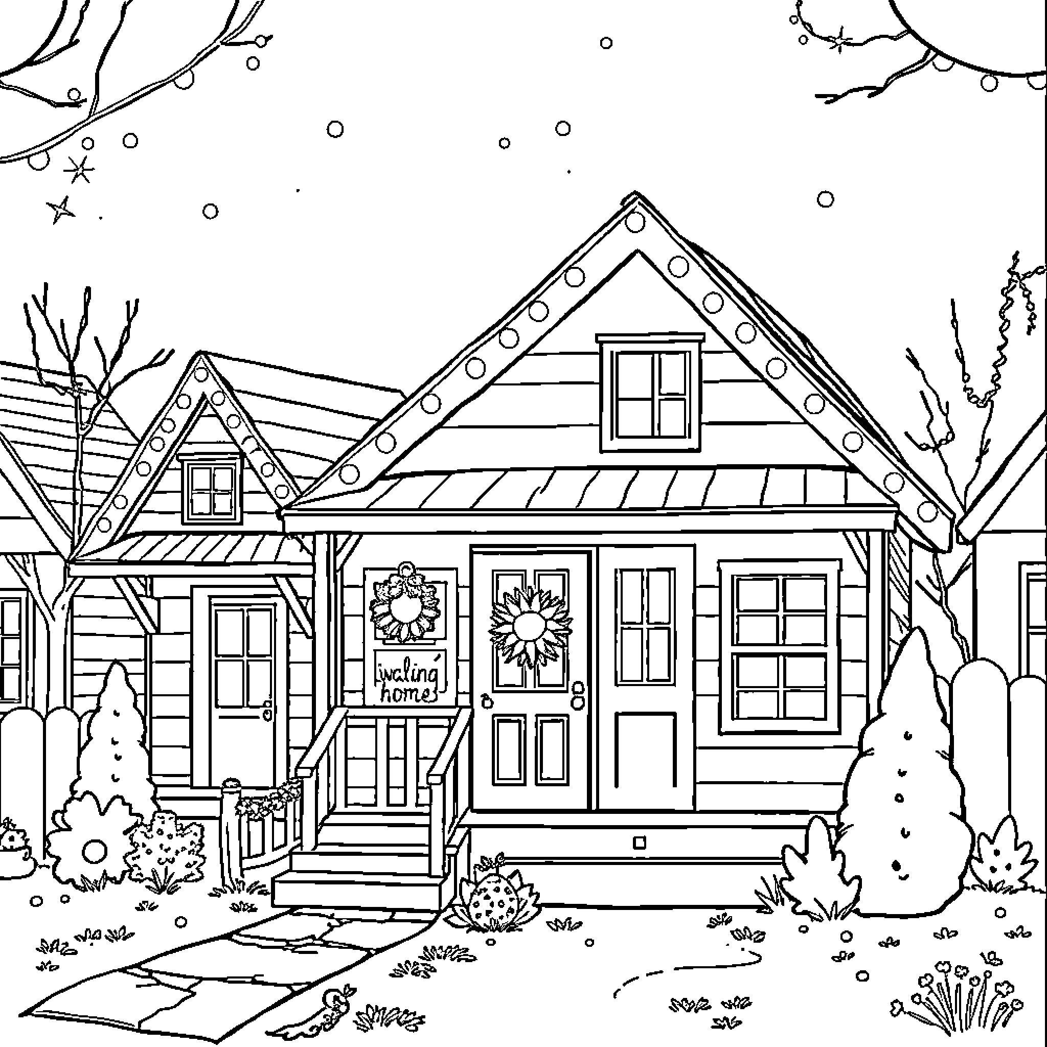 Tiny Home with Festive Decor in Wintery Landscape Coloring Page (free black-and-white line drawing printable PDF for all, from beginners to advanced learners, including children, teens, adults, and seniors)