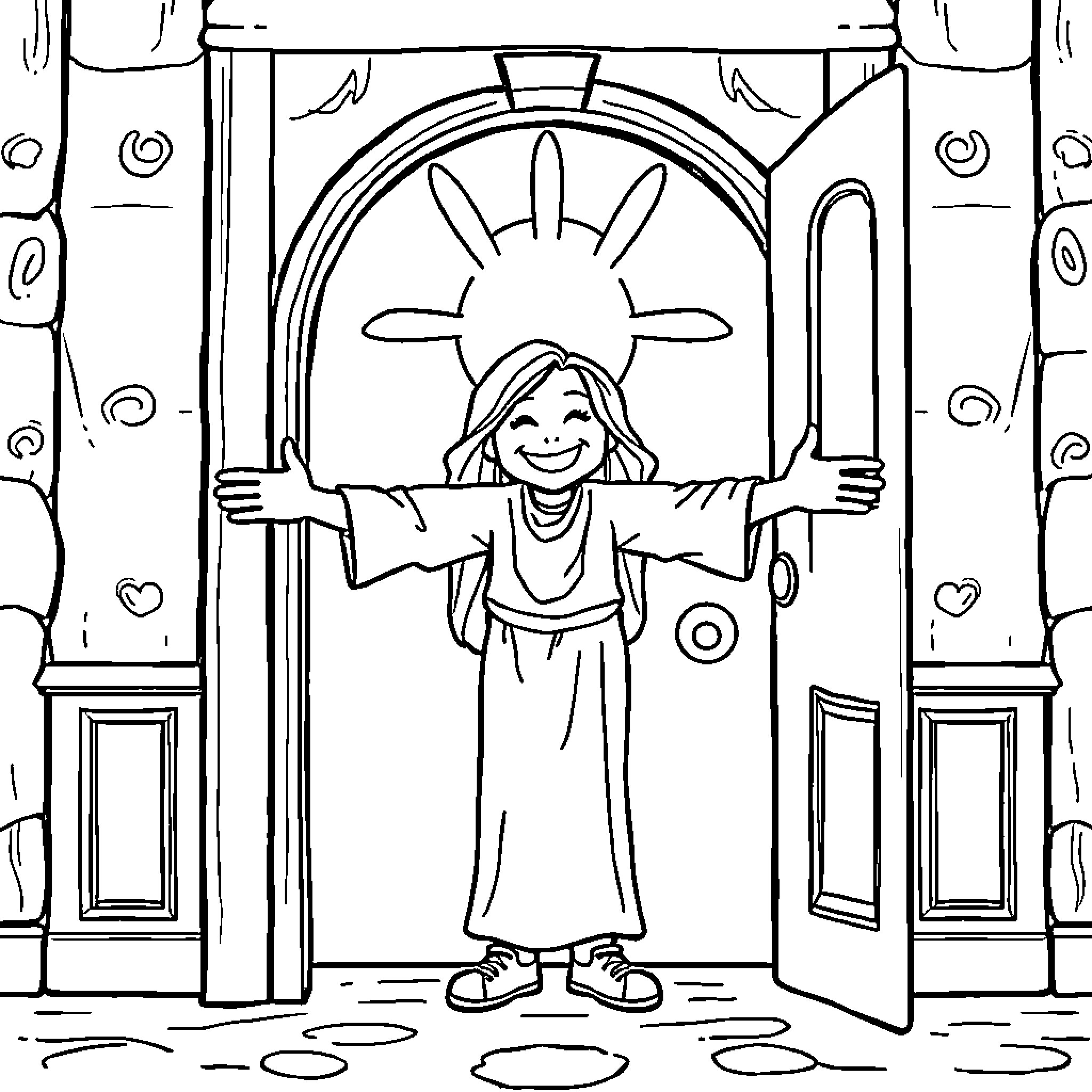Person joyfully standing in open doorway Coloring Page (free black-and-white line drawing printable PDF for all, from beginners to advanced learners, including children, teens, adults, and seniors)