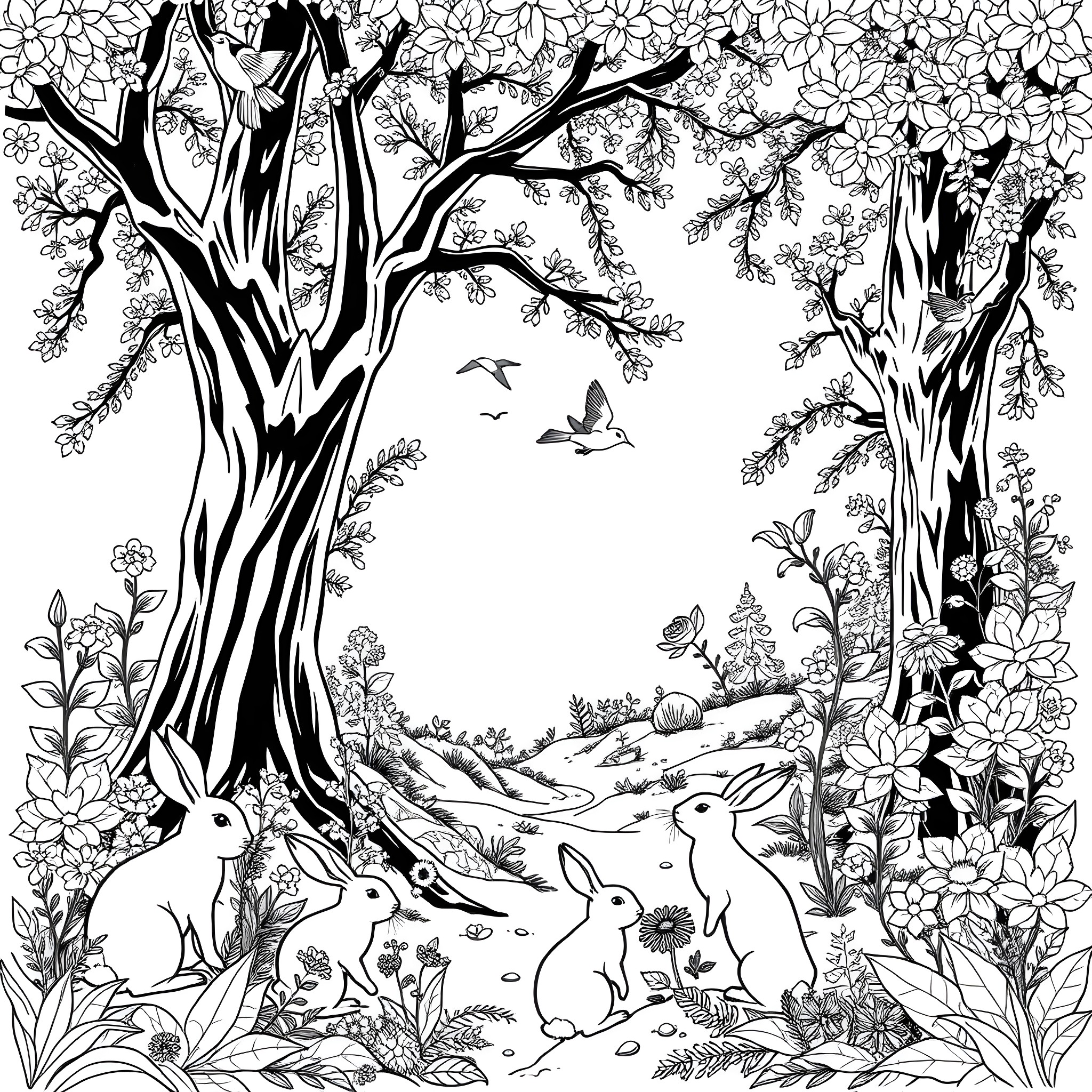 Snow White's Enchanted Forest Wonderland Coloring Page (free black-and-white line drawing printable PDF for all, from beginners to advanced learners, including children, teens, adults, and seniors)