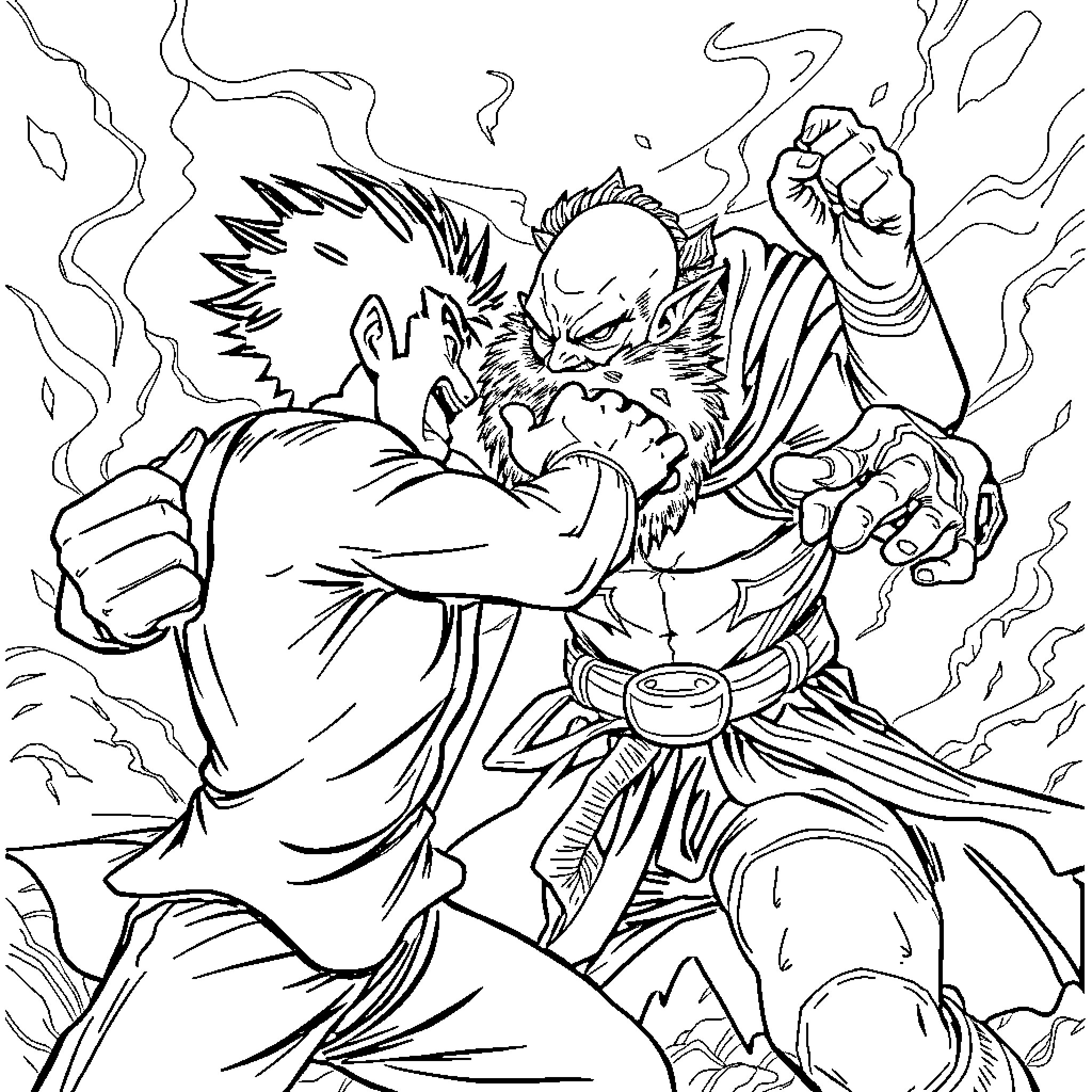 Huason: Fierce Battle of Mythical Warriors Coloring Page (free black-and-white line drawing printable PDF for all, from beginners to advanced learners, including children, teens, adults, and seniors)