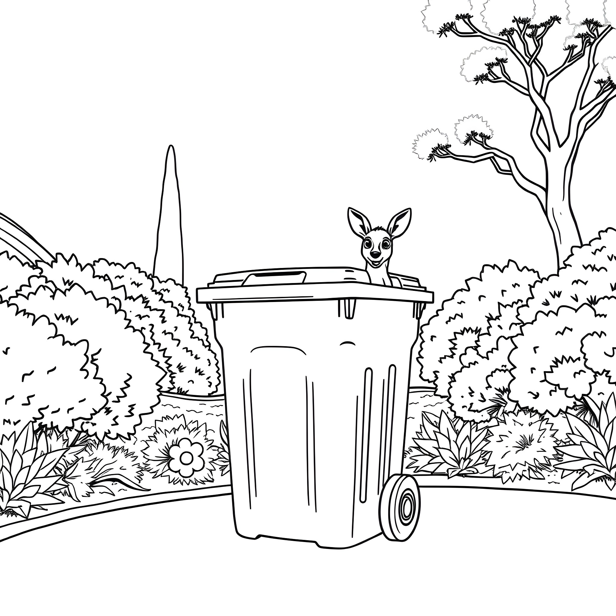 Wheelie Bin with Curious Animal in Lush Landscape Coloring Page (free black-and-white line drawing printable PDF for all, from beginners to advanced learners, including children, teens, adults, and seniors)