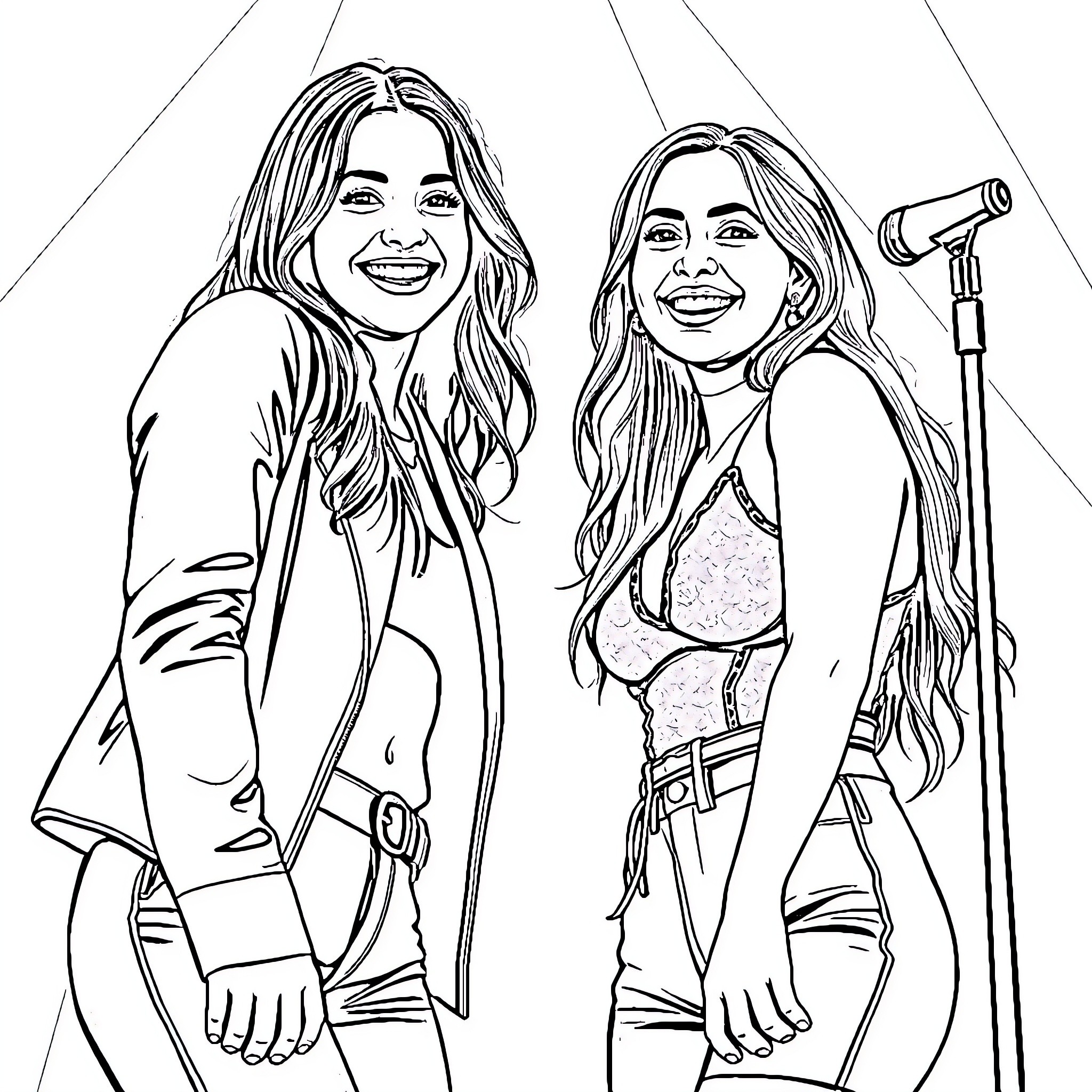 Camila Cabello and Friend Performing on Stage Coloring Page (free black-and-white line drawing printable PDF for all, from beginners to advanced learners, including children, teens, adults, and seniors)