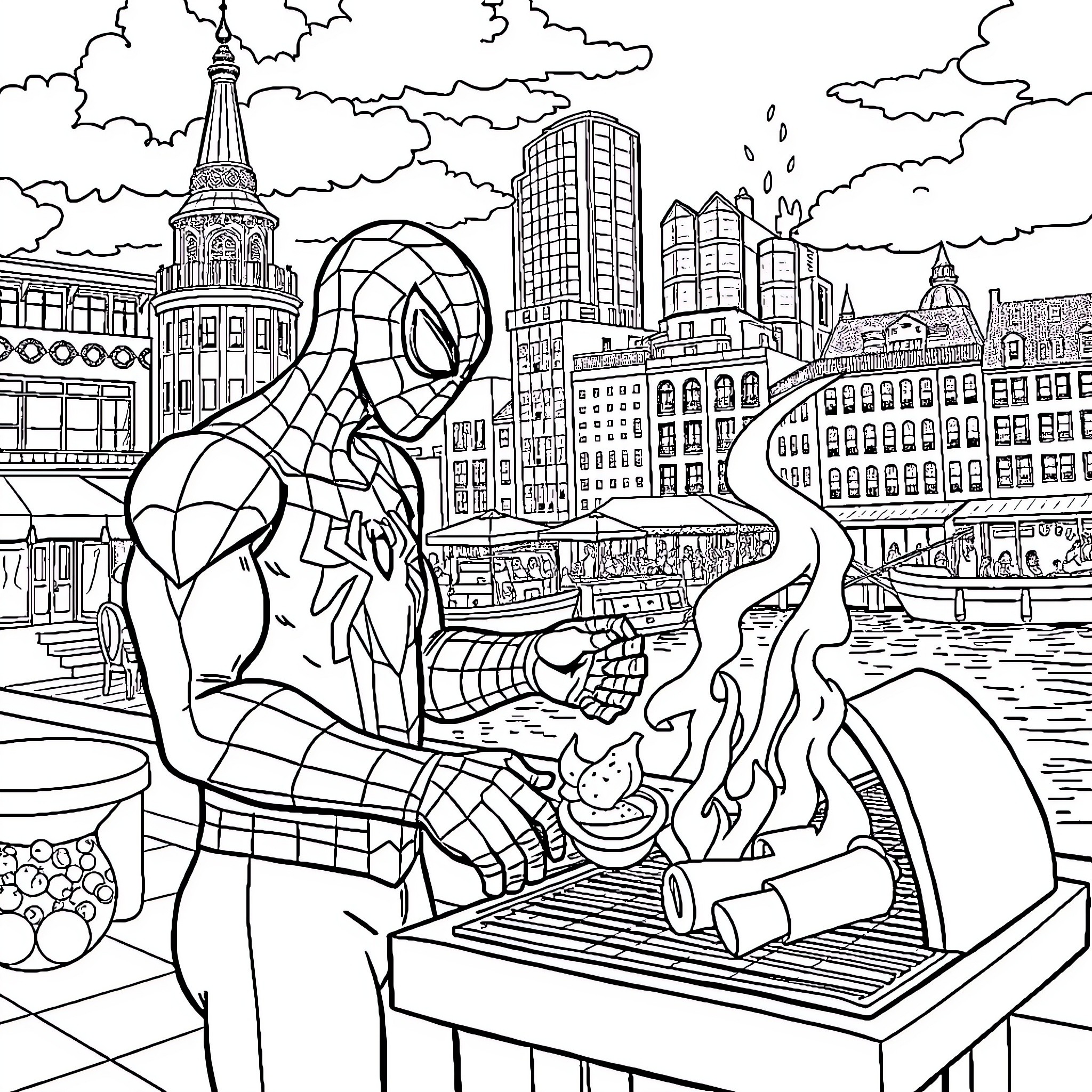 Spiderman Exploring the Vibrant City Coloring Page (free black-and-white line drawing printable PDF for all, from beginners to advanced learners, including children, teens, adults, and seniors)
