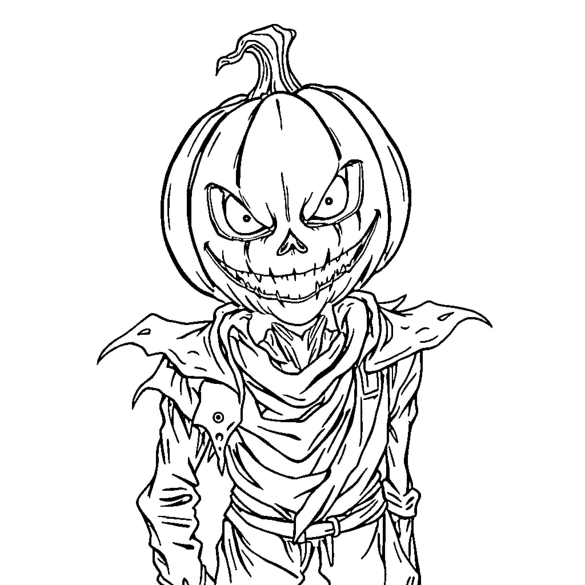 Pumpkin Scarecrow with Menacing Expression Coloring Page (free black-and-white line drawing printable PDF for all, from beginners to advanced learners, including children, teens, adults, and seniors)