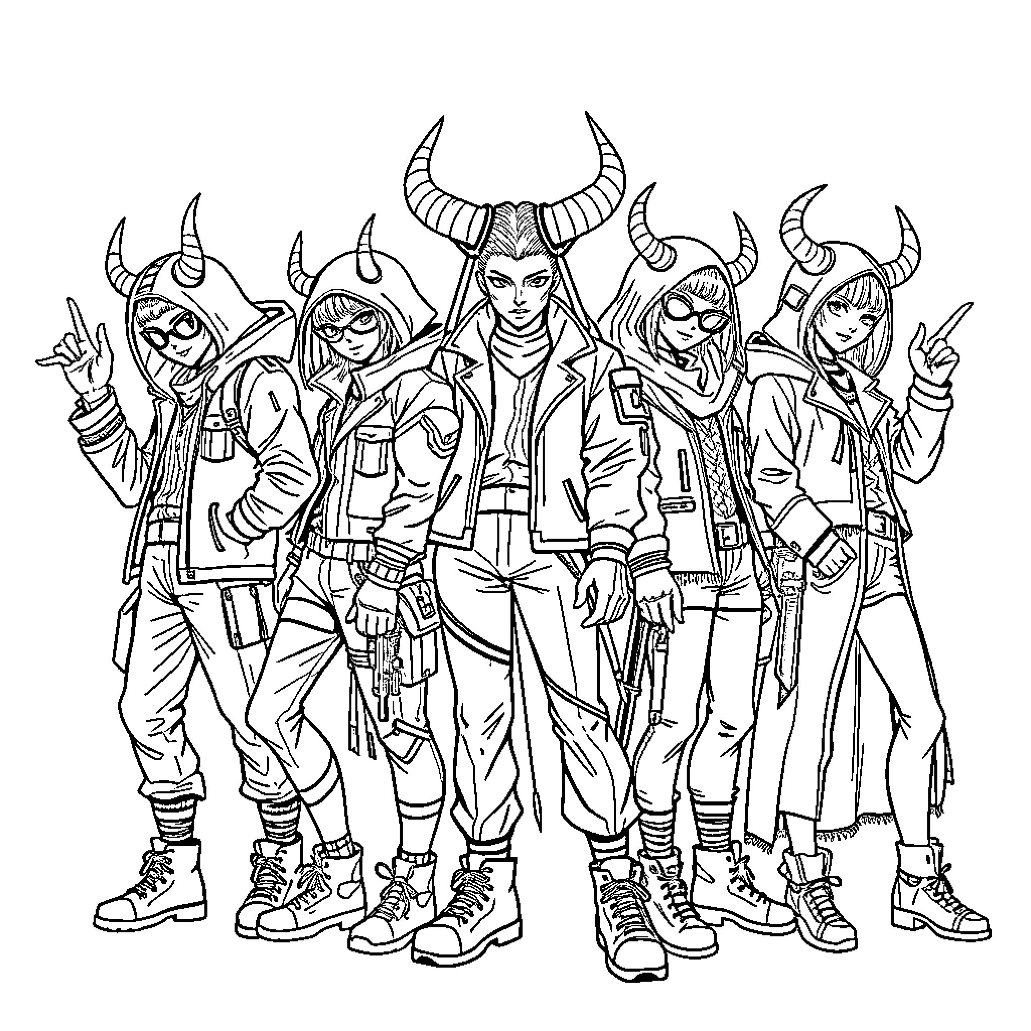 Demon Hunter Squad Assembles in Combat Gear Coloring Page (free black-and-white line drawing printable PDF for all, from beginners to advanced learners, including children, teens, adults, and seniors)