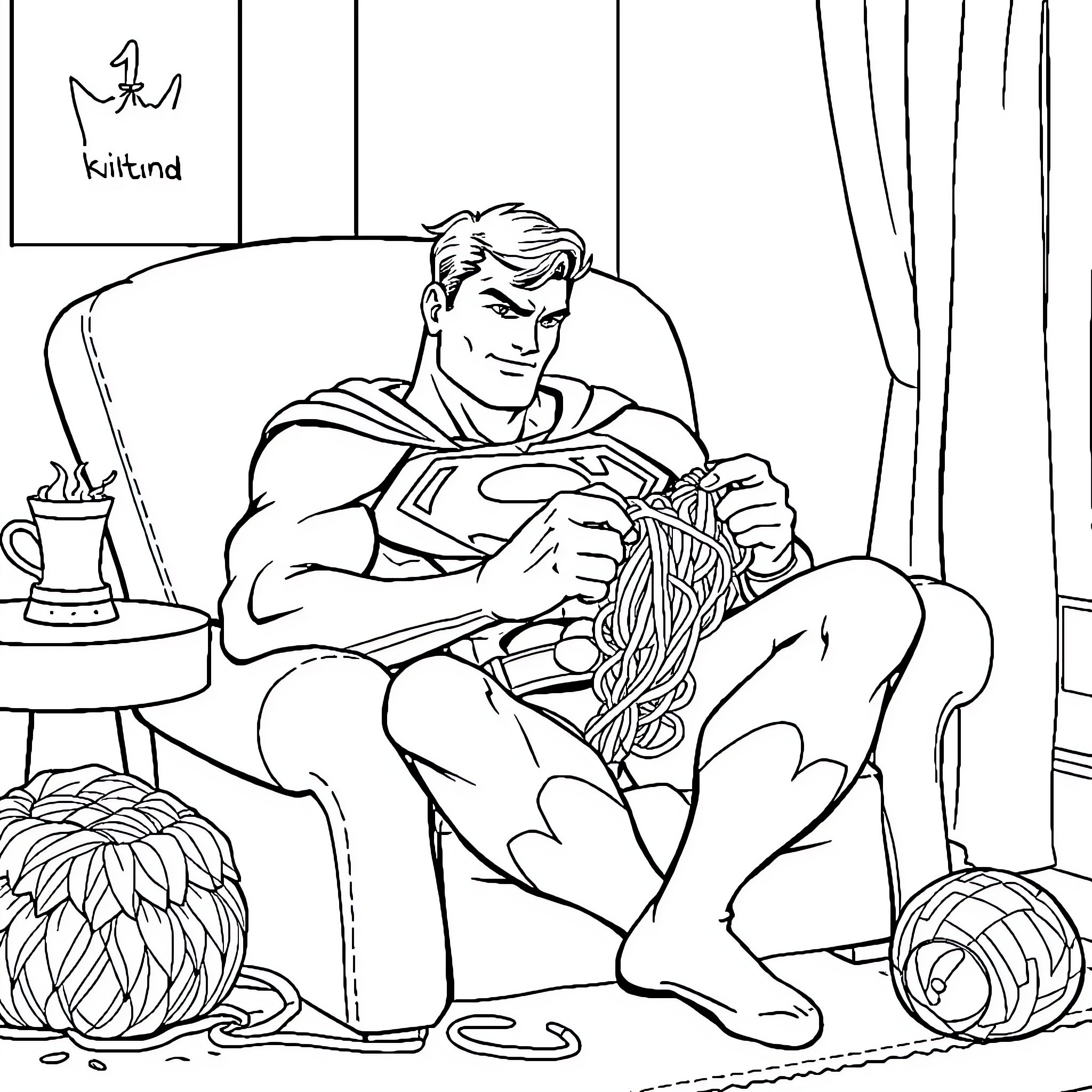 Superman knitting in a cozy home setting Coloring Page (free black-and-white line drawing printable PDF for all, from beginners to advanced learners, including children, teens, adults, and seniors)