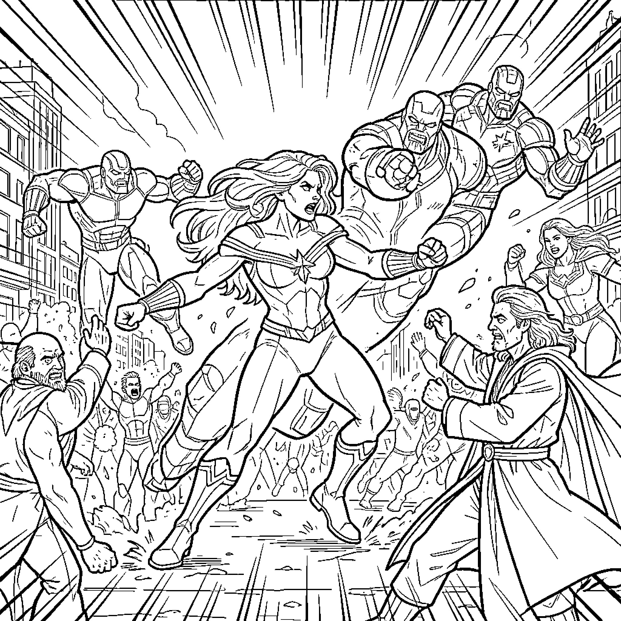 Captain Marvel leading a powerful battle against villains Coloring Page (free black-and-white line drawing printable PDF for all, from beginners to advanced learners, including children, teens, adults, and seniors)