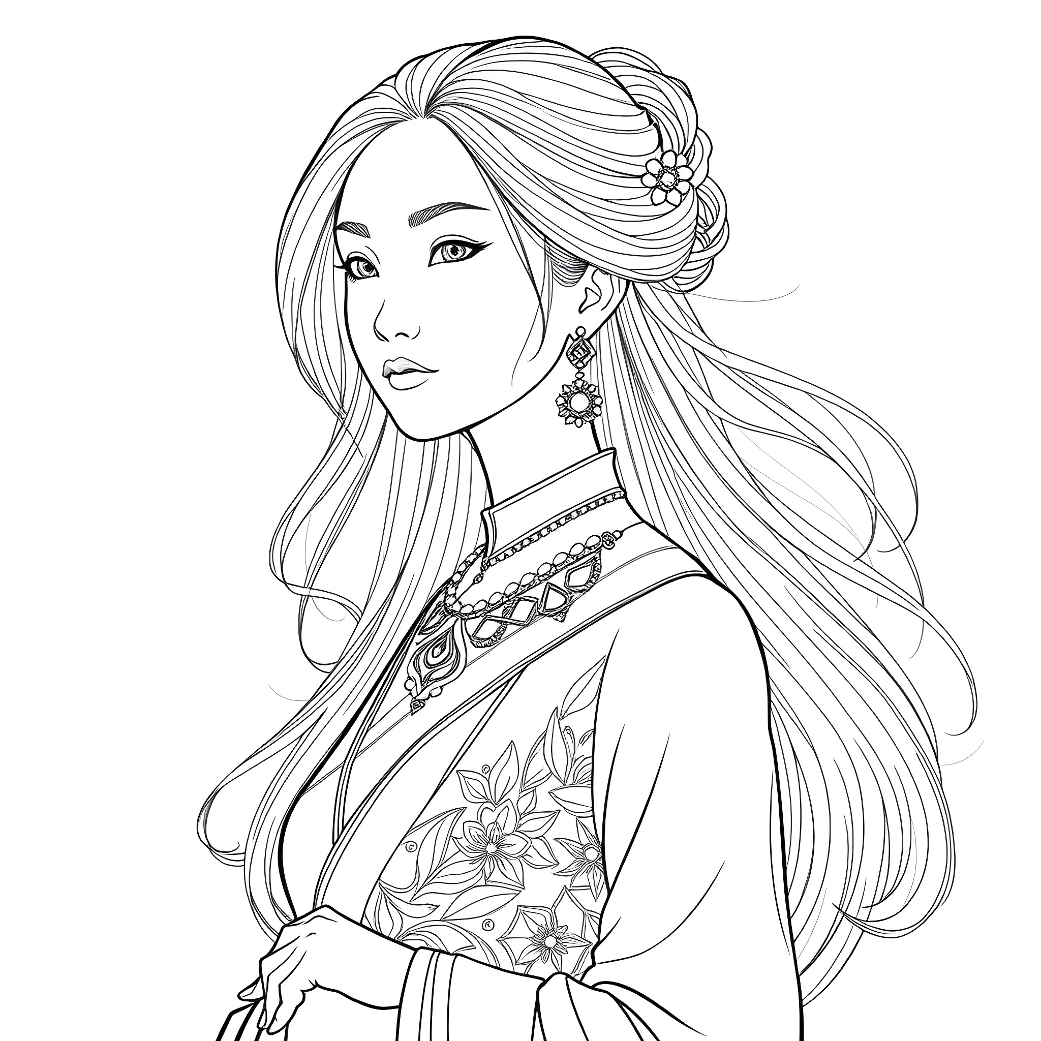 Woman in ornate attire with flowing hair and accessories Coloring Page (free black-and-white line drawing printable PDF for all, from beginners to advanced learners, including children, teens, adults, and seniors)
