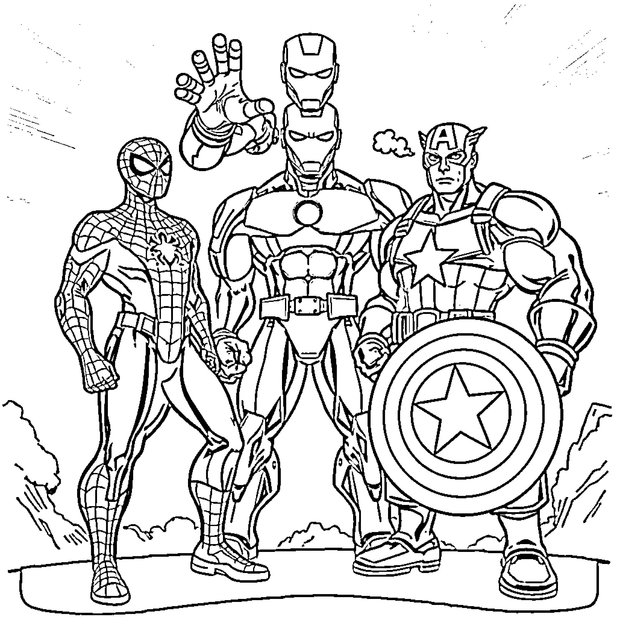 Spider Heroes Assembling for Action Coloring Page (free black-and-white line drawing printable PDF for all, from beginners to advanced learners, including children, teens, adults, and seniors)