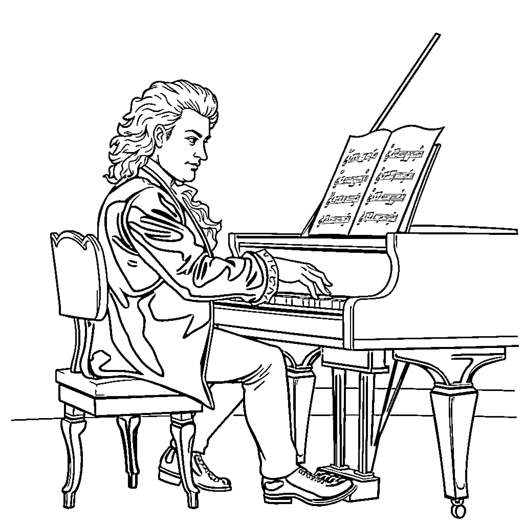 Mozart Composing at the Piano Coloring Page (free black-and-white line drawing printable PDF for all, from beginners to advanced learners, including children, teens, adults, and seniors)