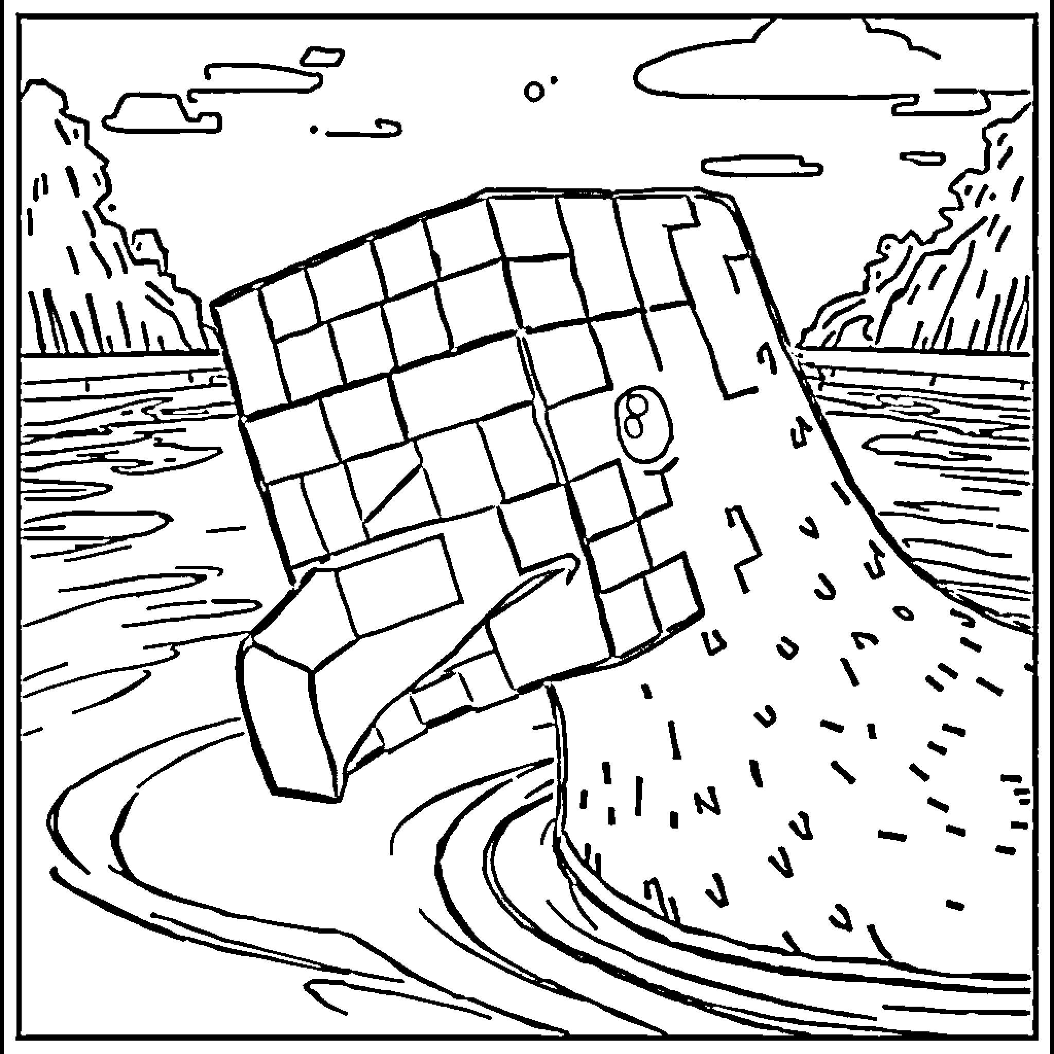 Creeper traversing rough terrain by the shore Coloring Page (free black-and-white line drawing printable PDF for all, from beginners to advanced learners, including children, teens, adults, and seniors)