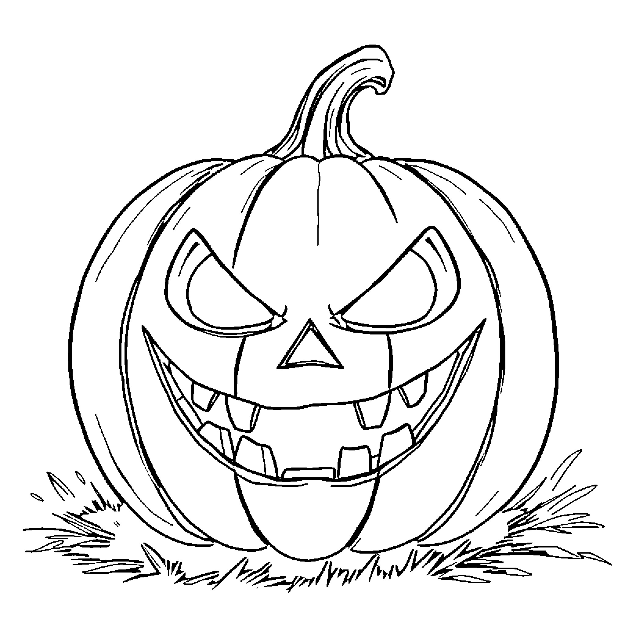 Jack-o'-lantern with scary expression and pumpkin patch Coloring Page (free black-and-white line drawing printable PDF for all, from beginners to advanced learners, including children, teens, adults, and seniors)